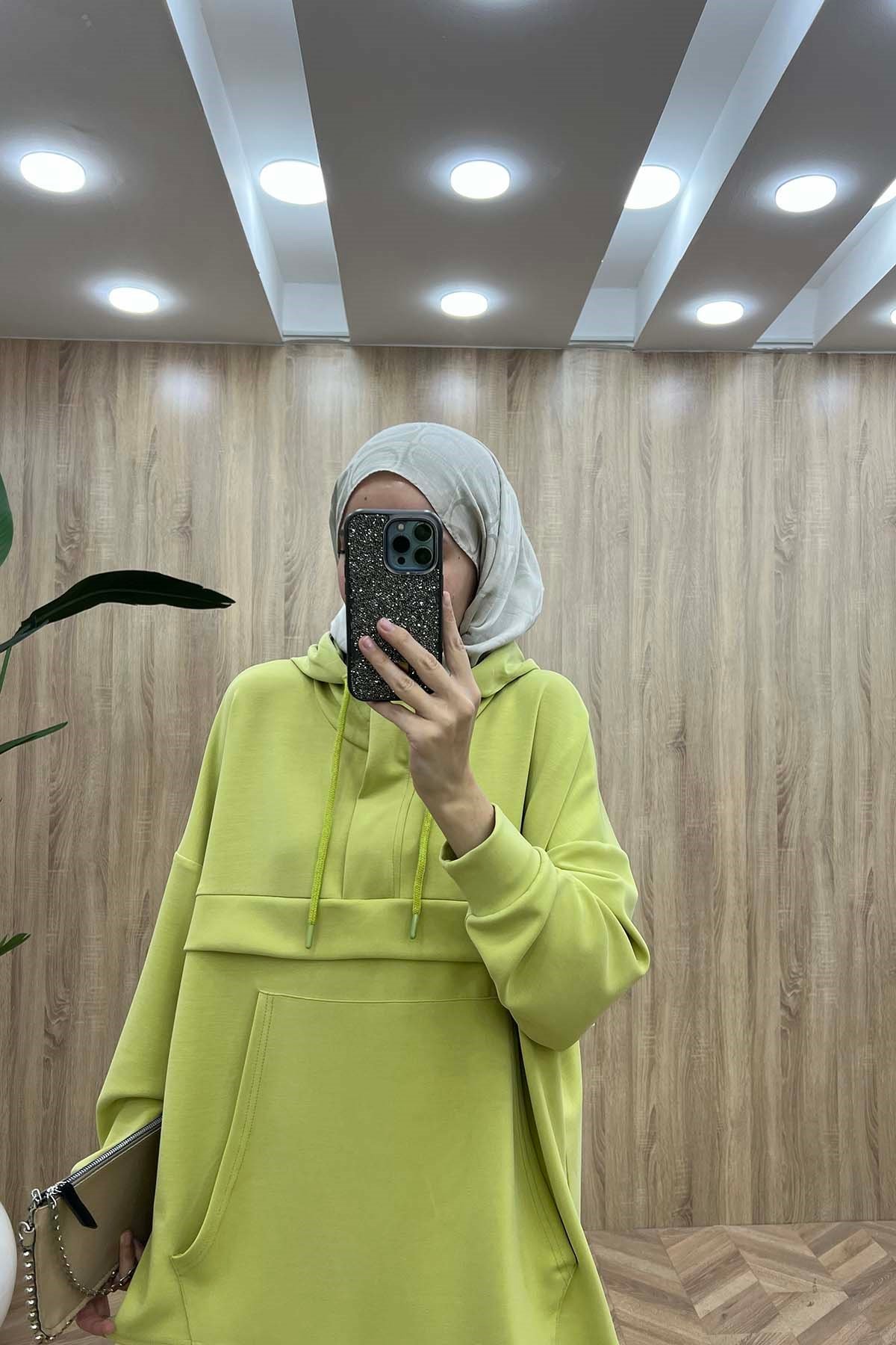 Kapüşonlu Kanguru Cepli Oysh Takım Neon Yeşil