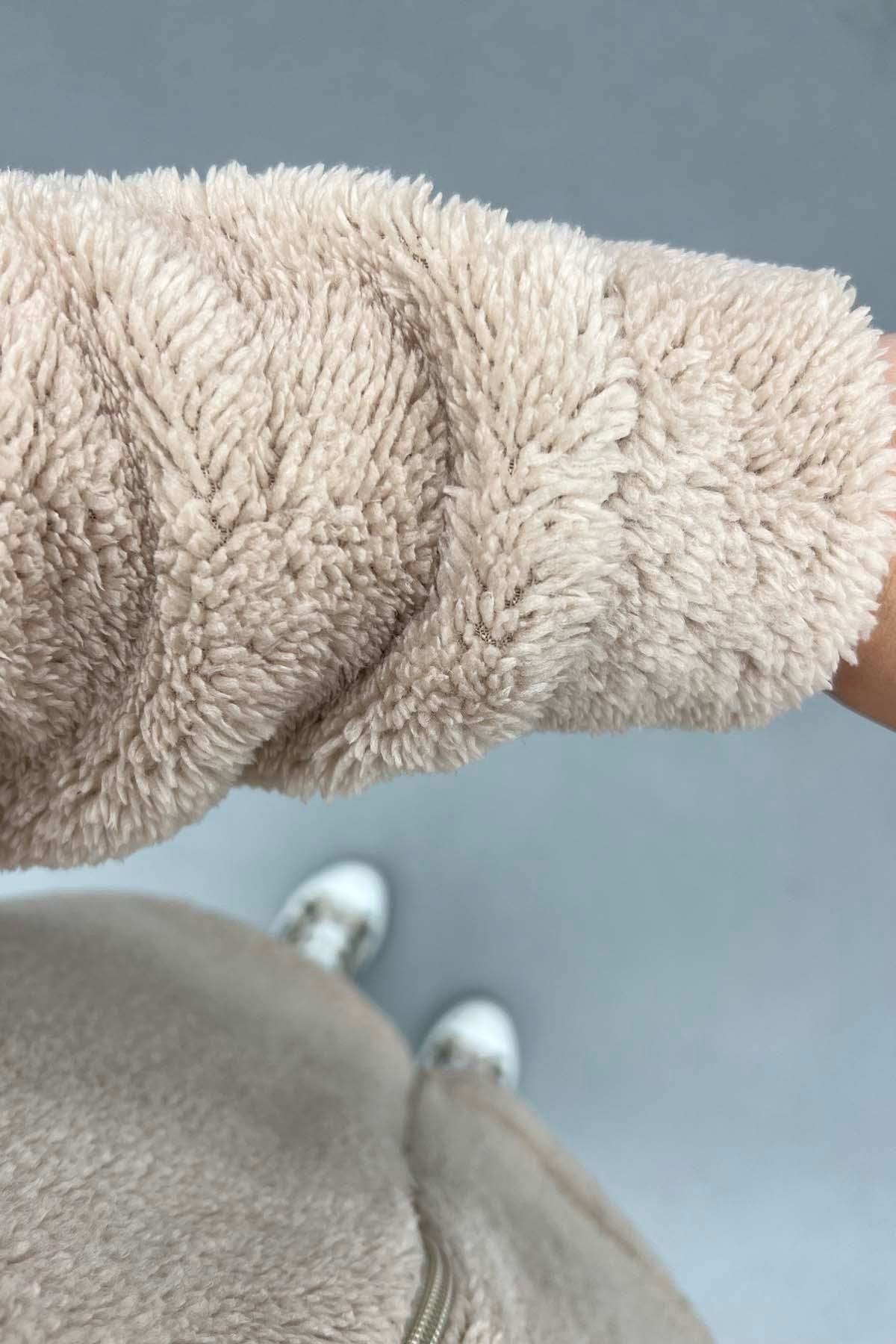 Kapüşonlu Peluş Hırka Bej