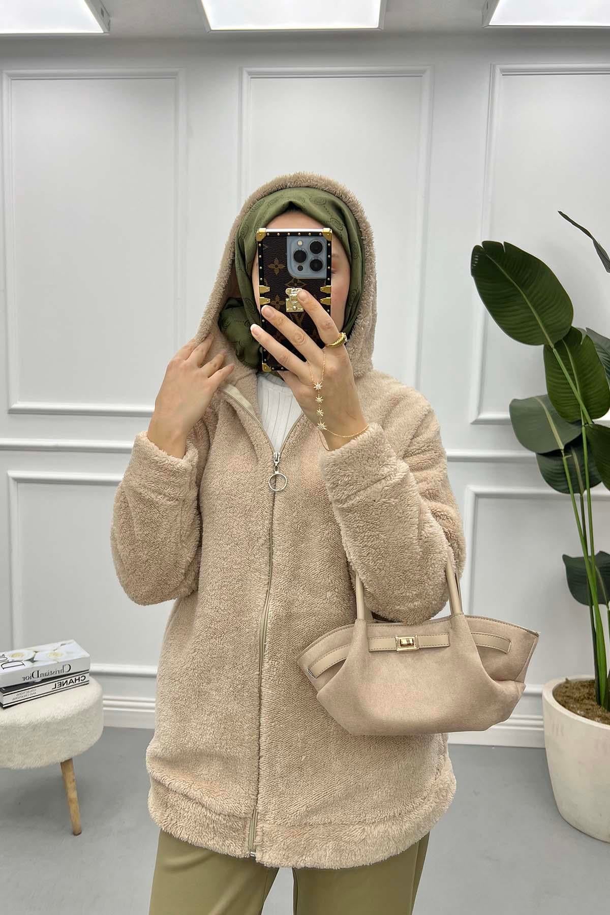 Kapüşonlu Peluş Hırka Bej