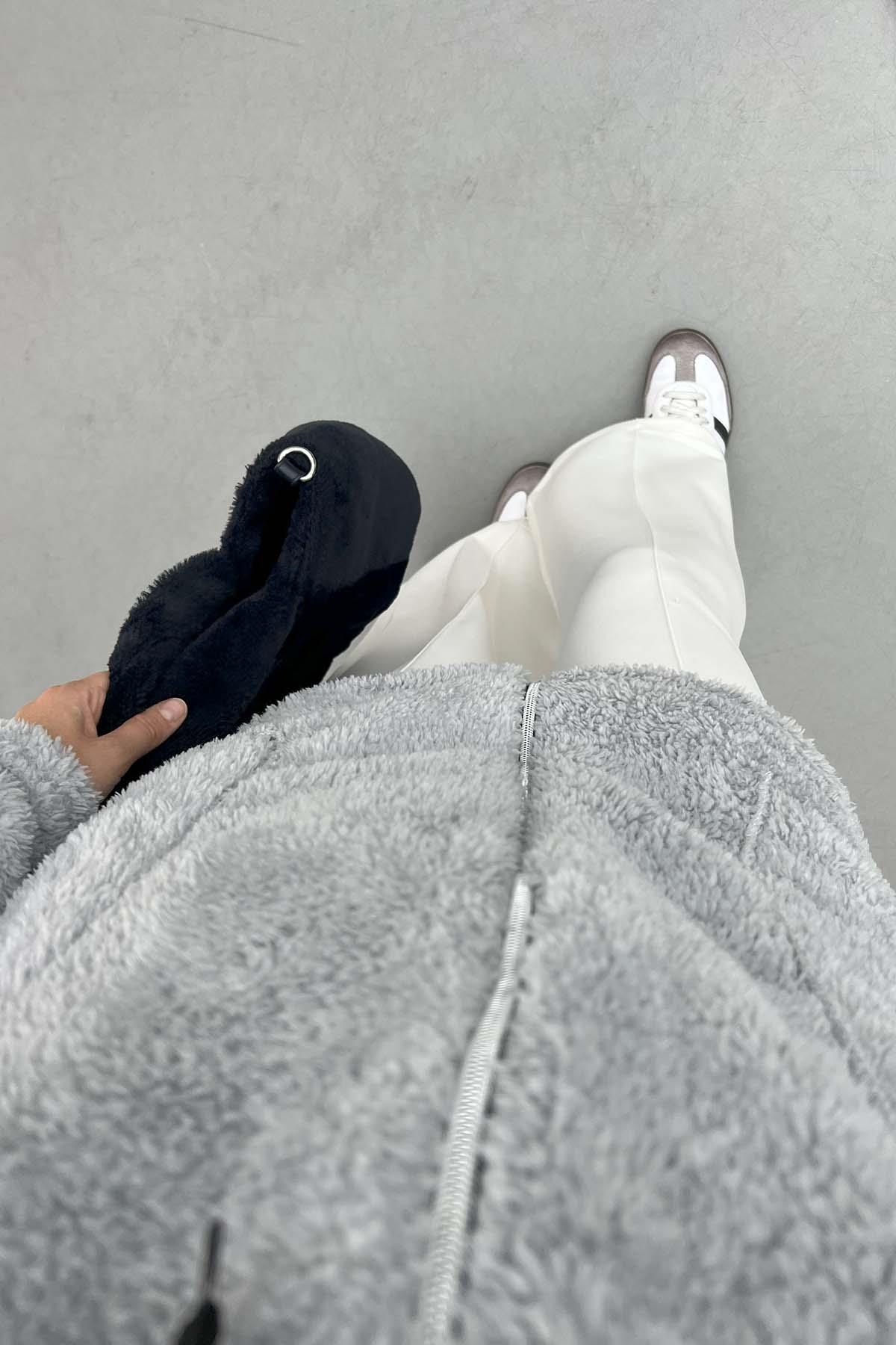 Kapüşonlu Peluş Hırka Gri