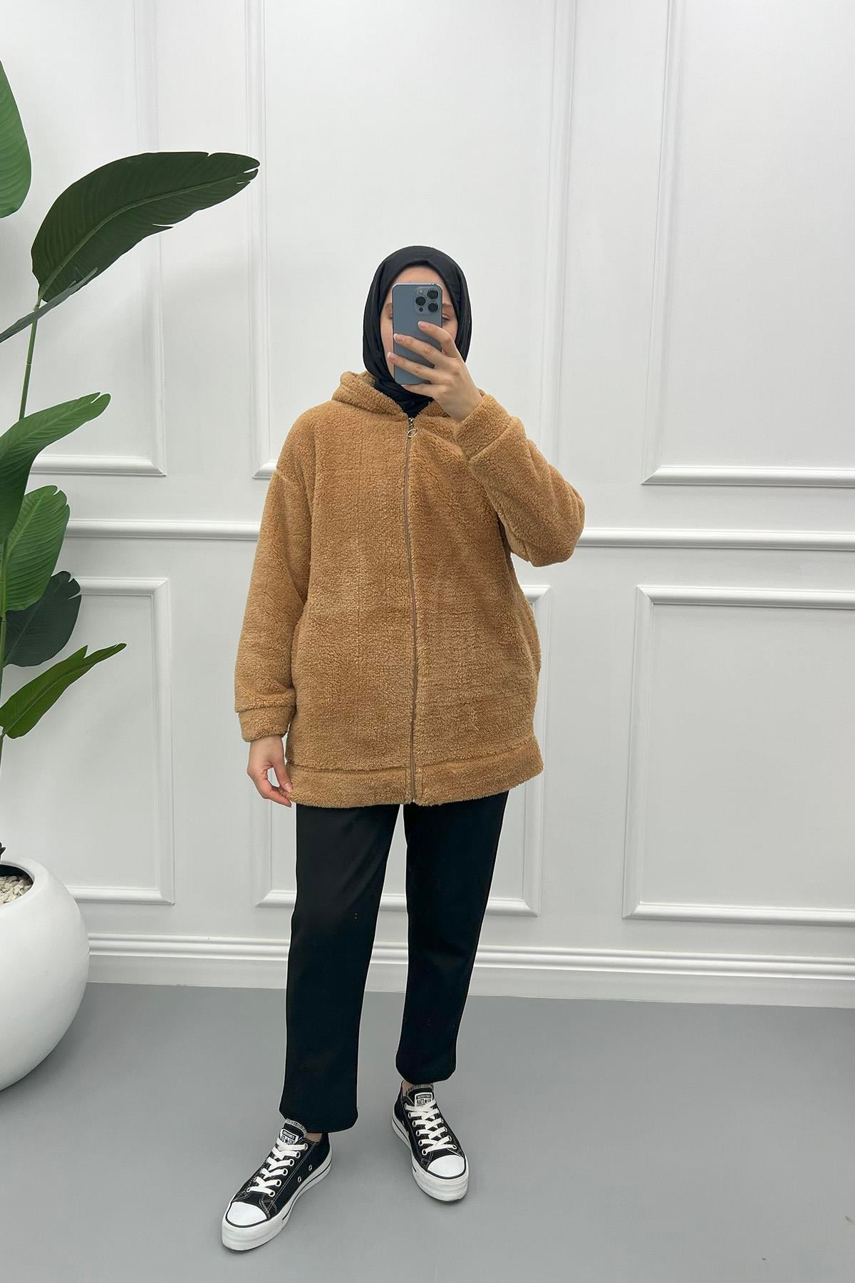 Kapüşonlu Peluş Hırka Kahve