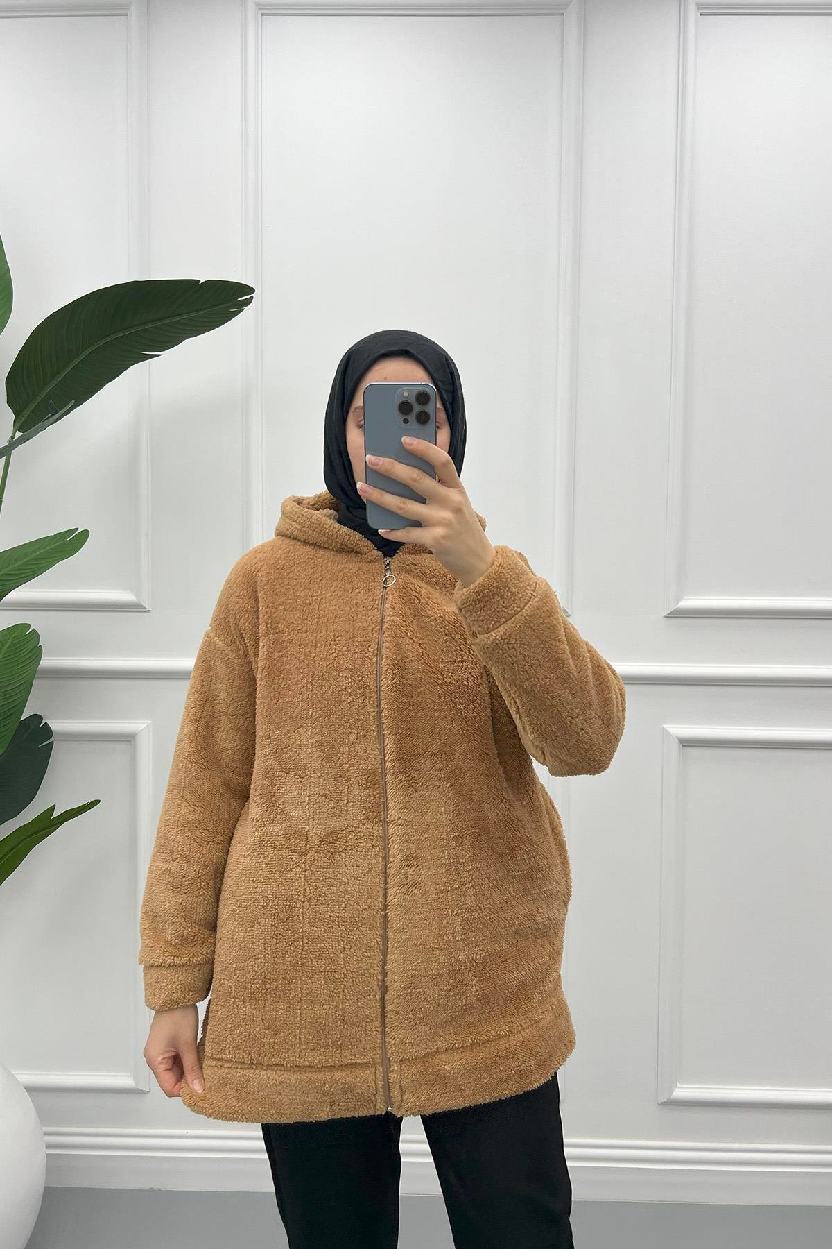 Kapüşonlu Peluş Hırka Kahve