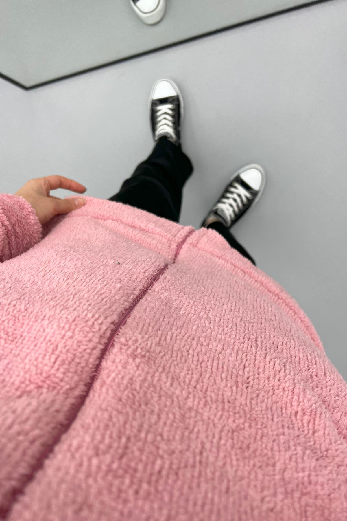 Kapüşonlu Peluş Hırka Pembe
