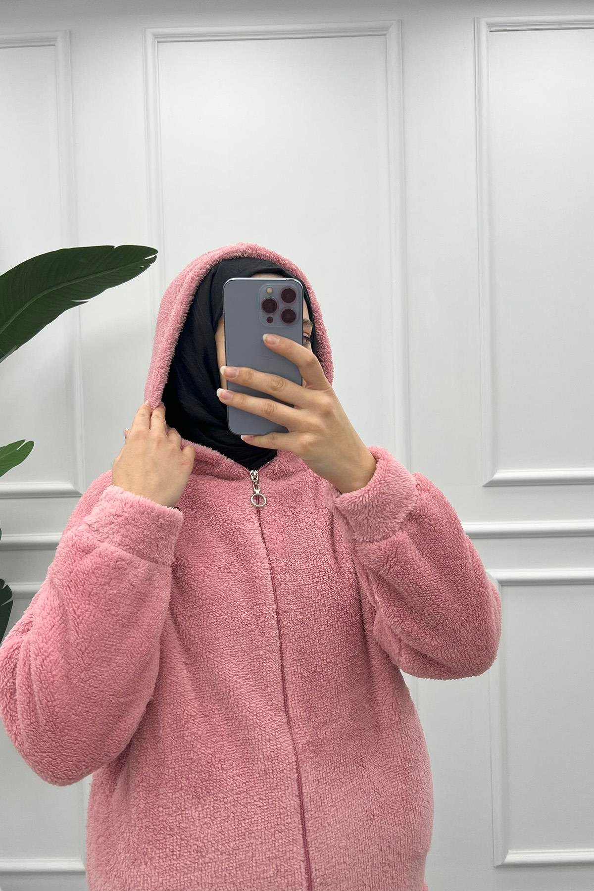 Kapüşonlu Peluş Hırka Pembe
