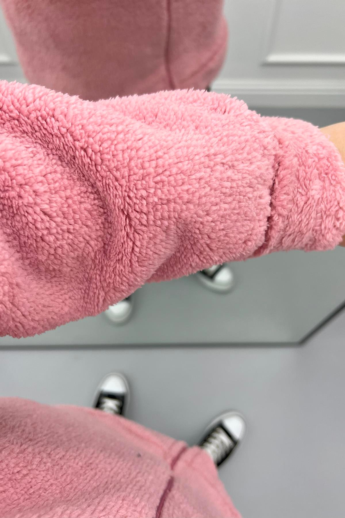 Kapüşonlu Peluş Hırka Pembe