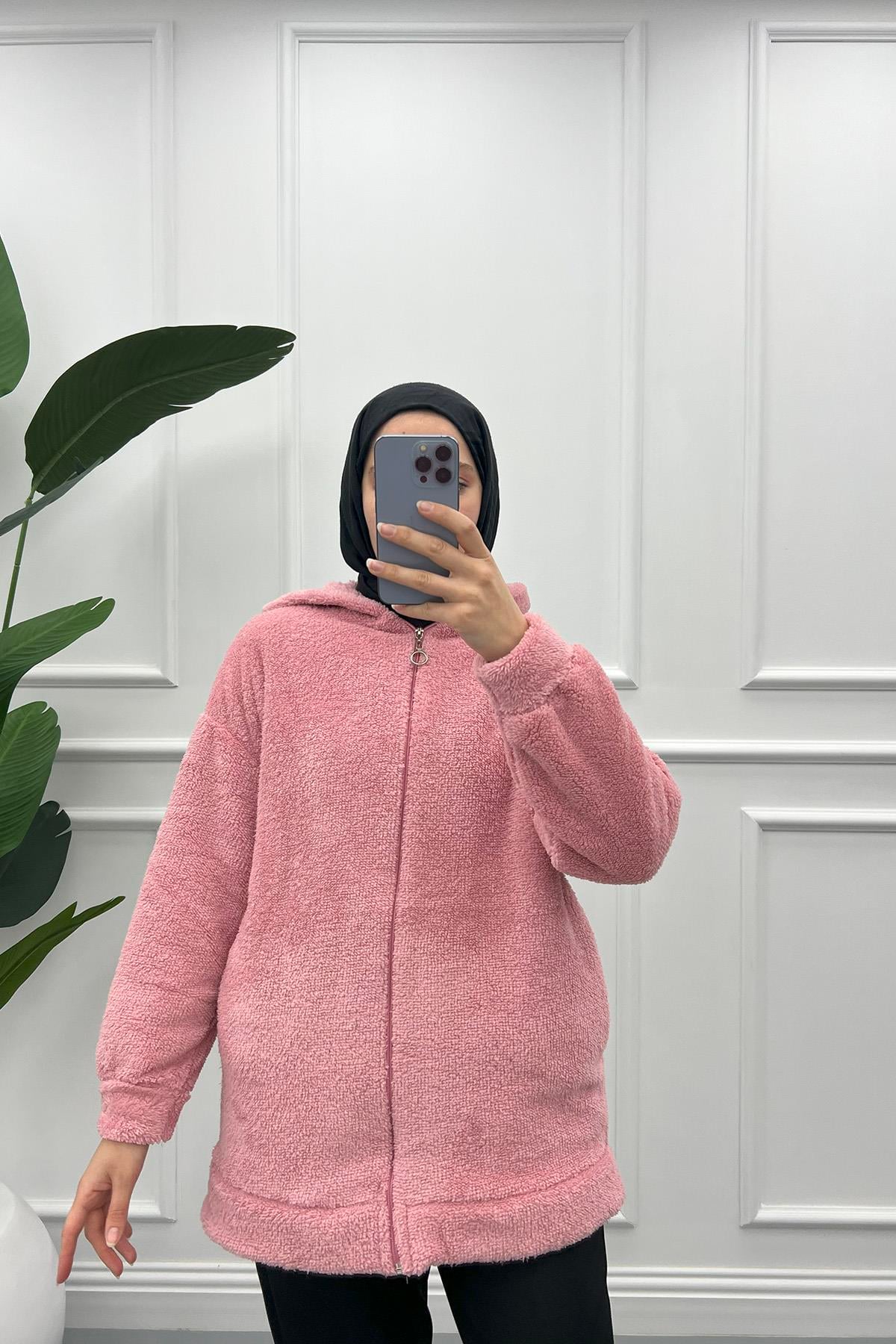 Kapüşonlu Peluş Hırka Pembe
