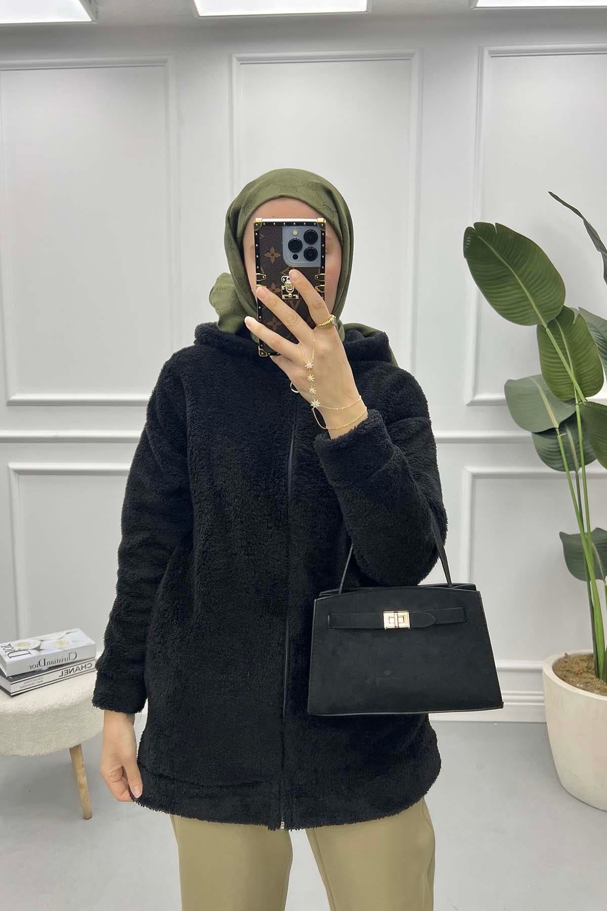 Kapüşonlu Peluş Hırka Siyah