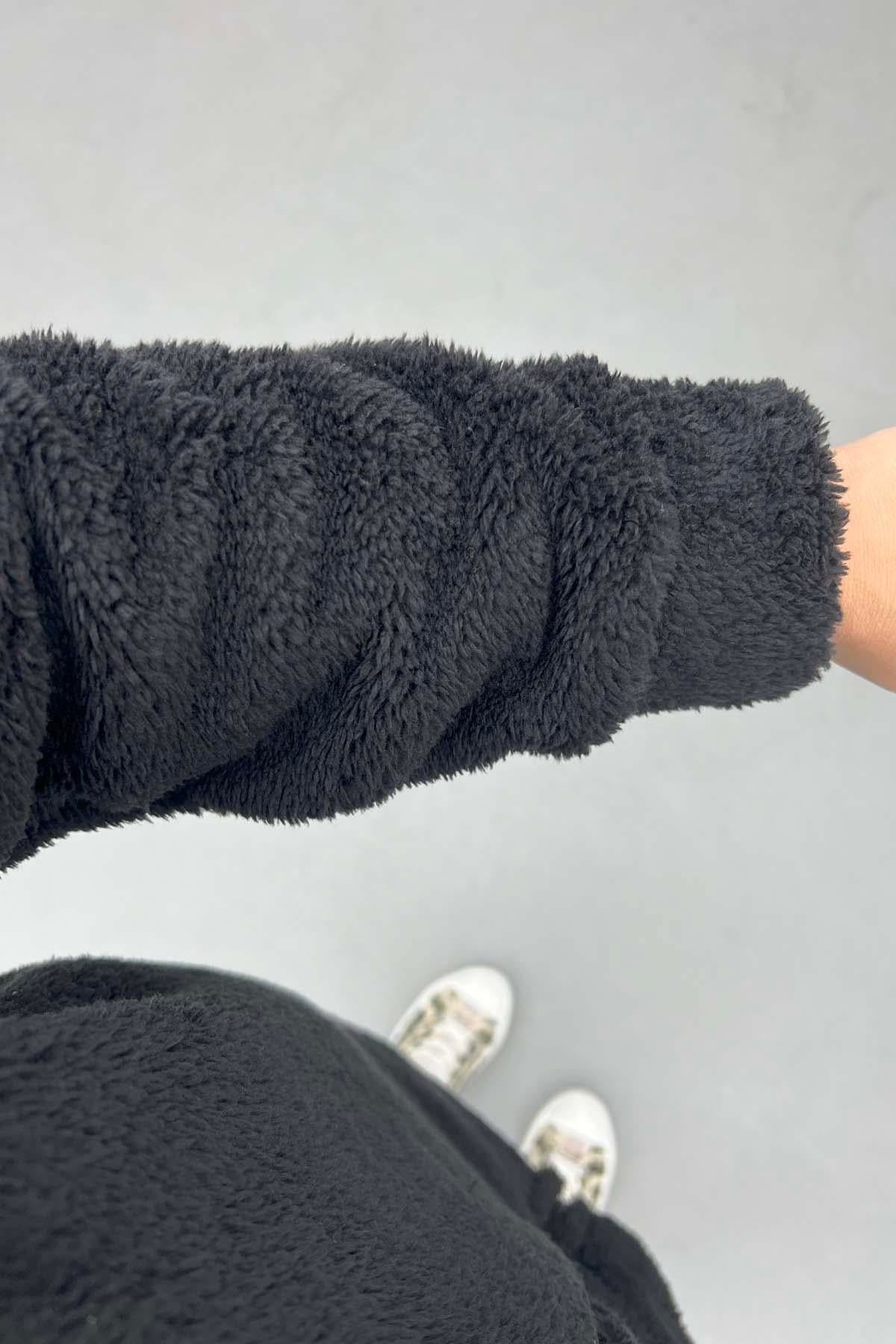 Kapüşonlu Peluş Hırka Siyah