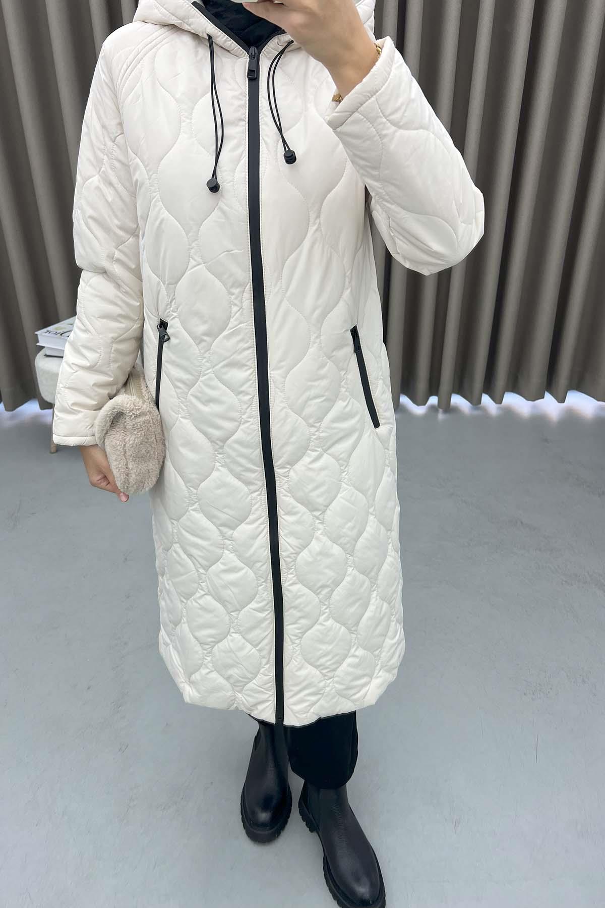 Kapüşonlu Şişme Mont Krem