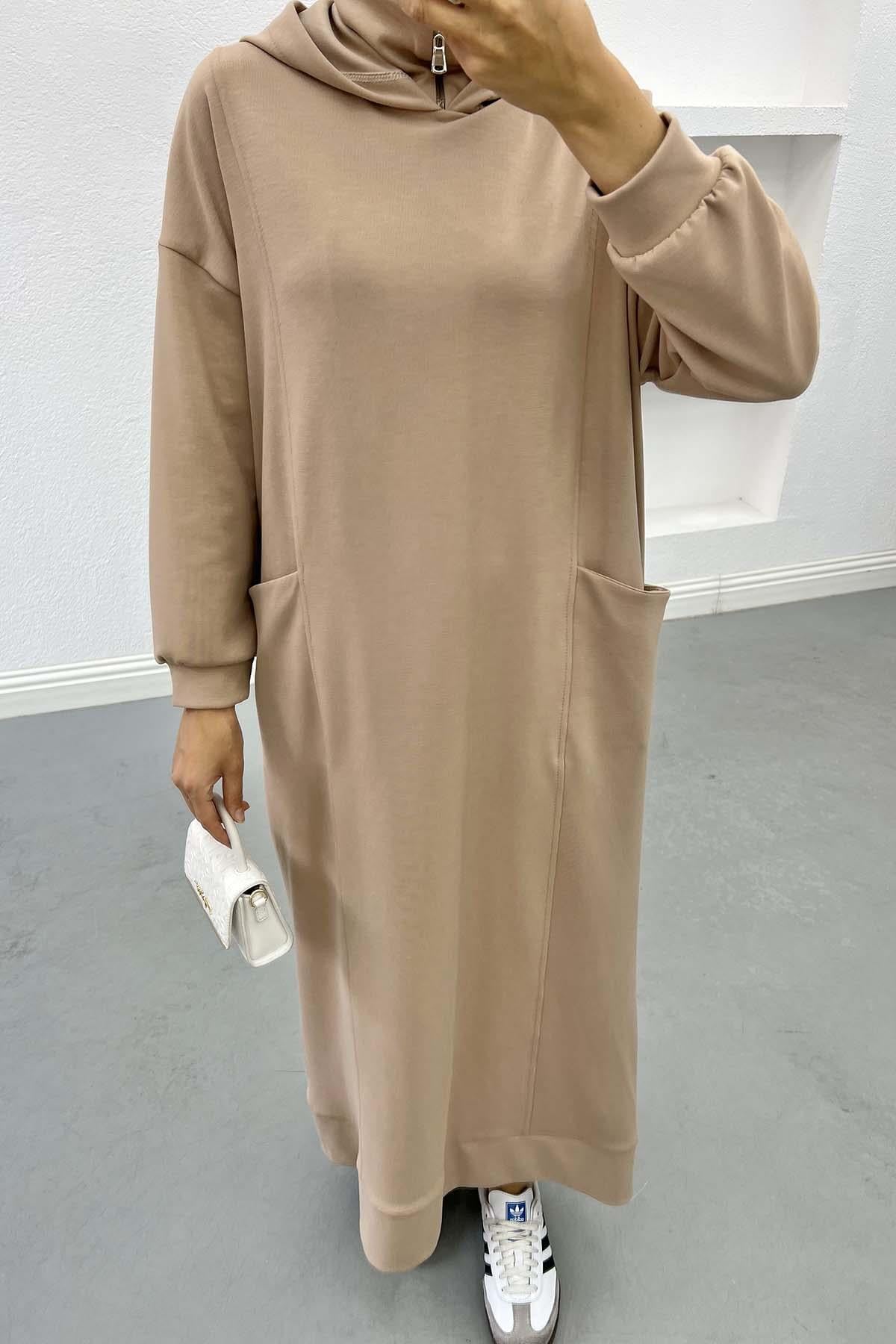 Kapüşonlu Sweat Elbise Bej