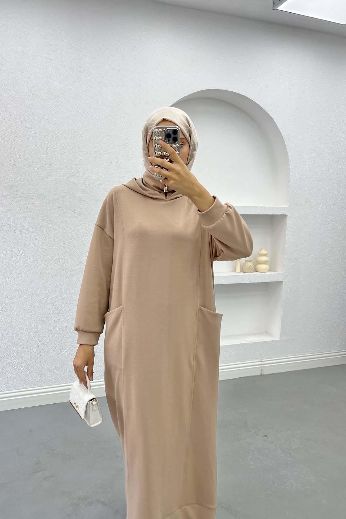 Kapüşonlu Sweat Elbise Bej