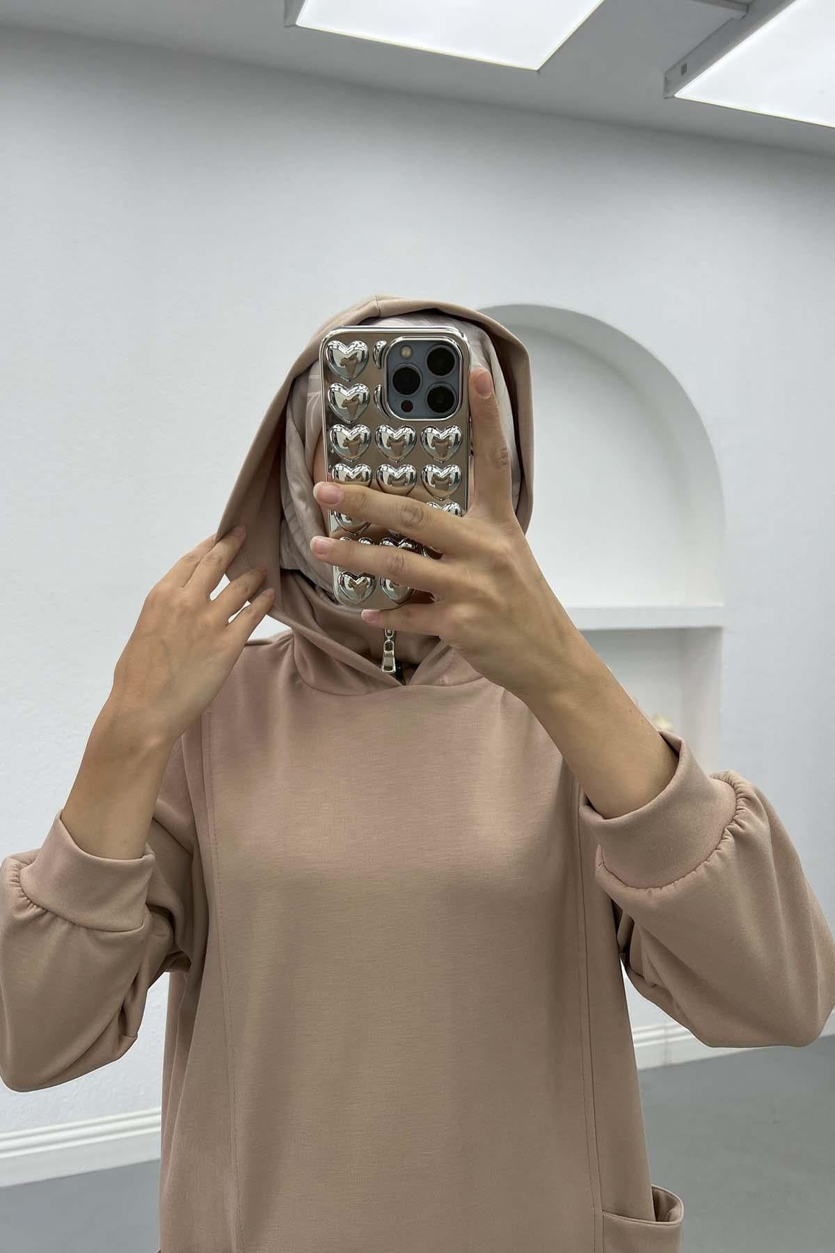Kapüşonlu Sweat Elbise Bej