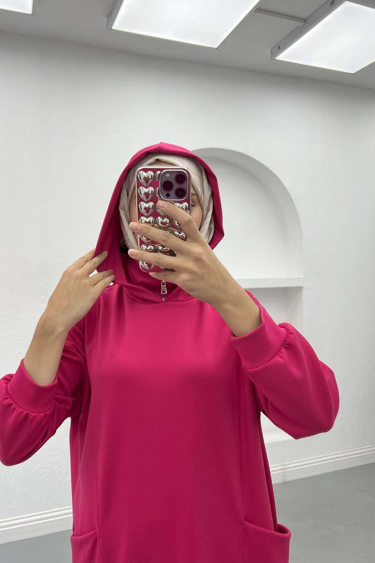 Kapüşonlu Sweat Elbise Fuşya