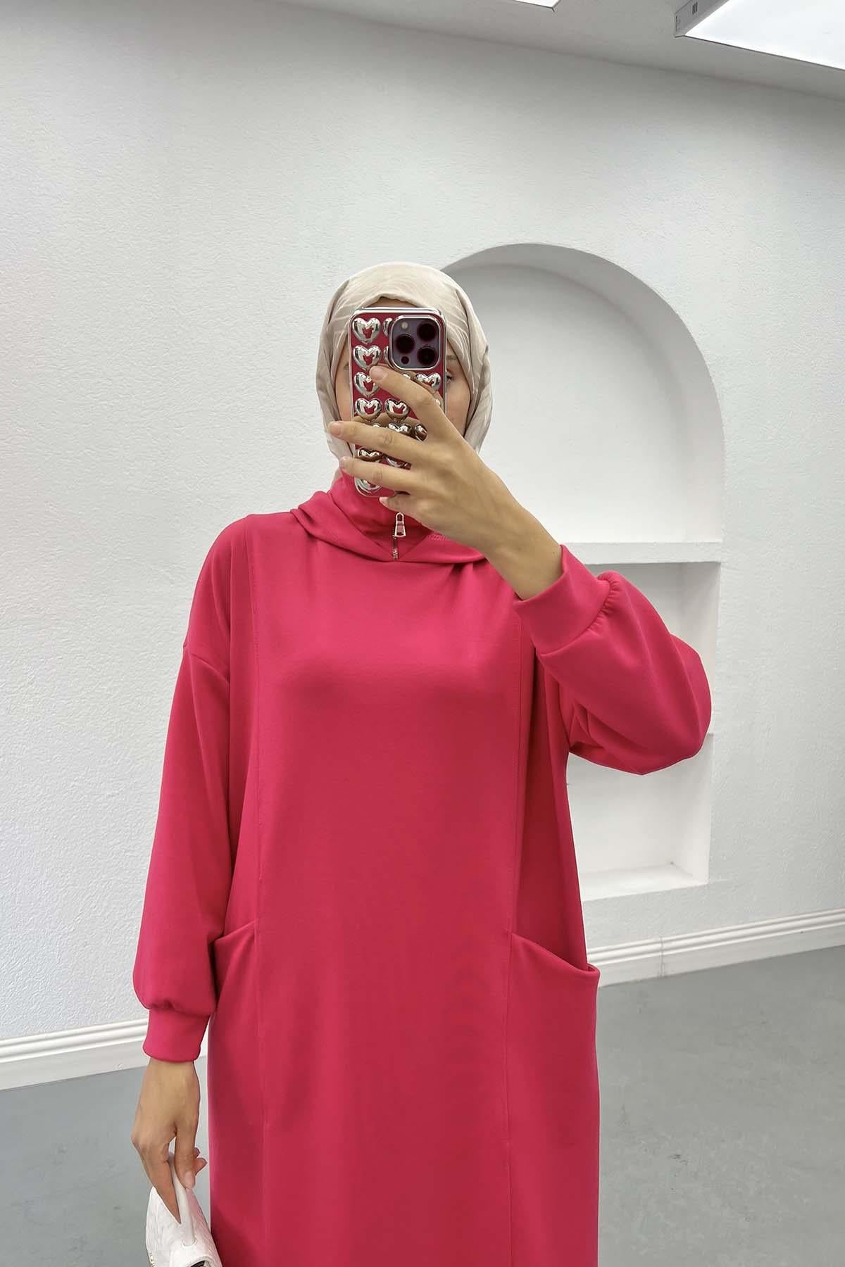 Kapüşonlu Sweat Elbise Fuşya