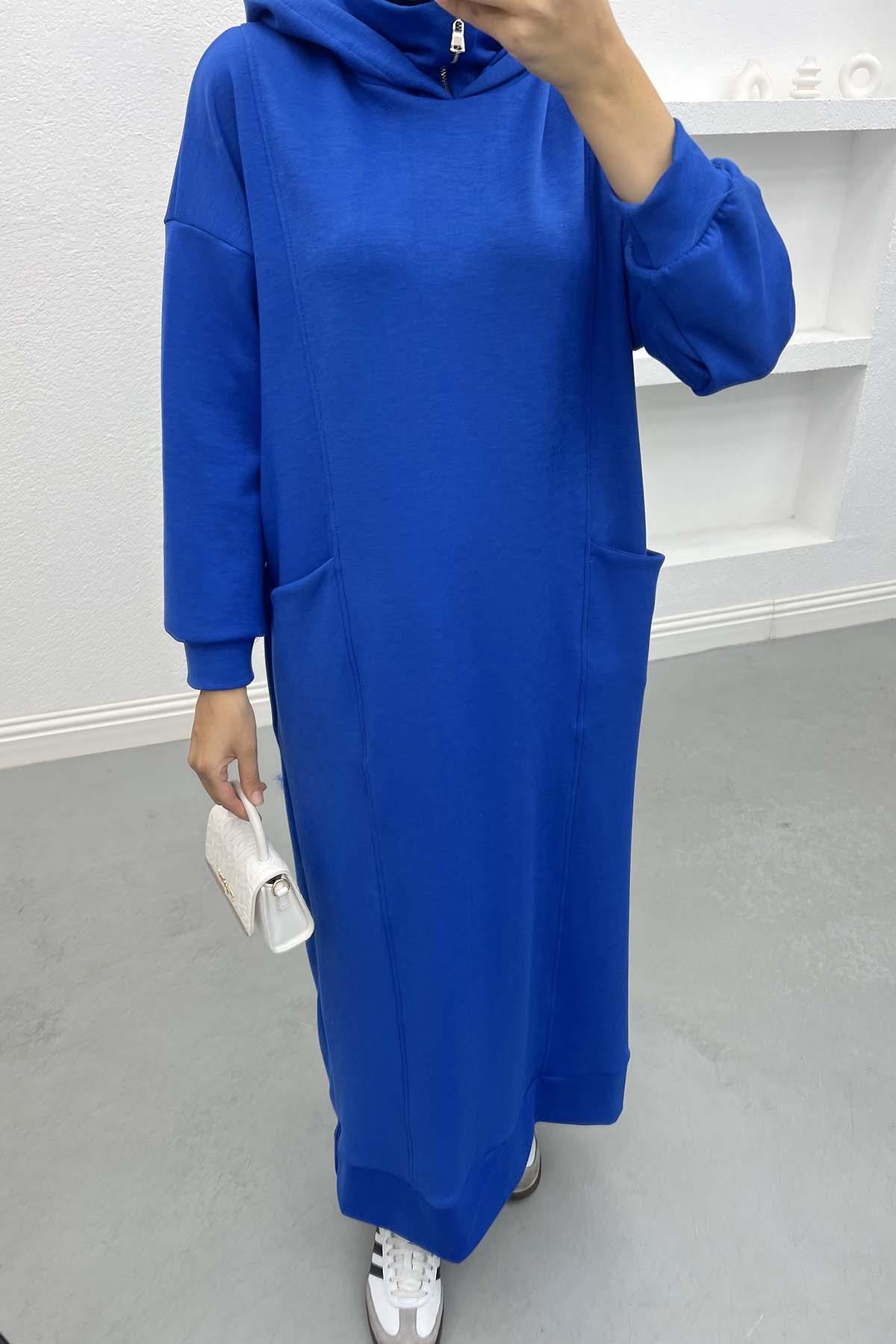 Kapüşonlu Sweat Elbise Saks Mavi