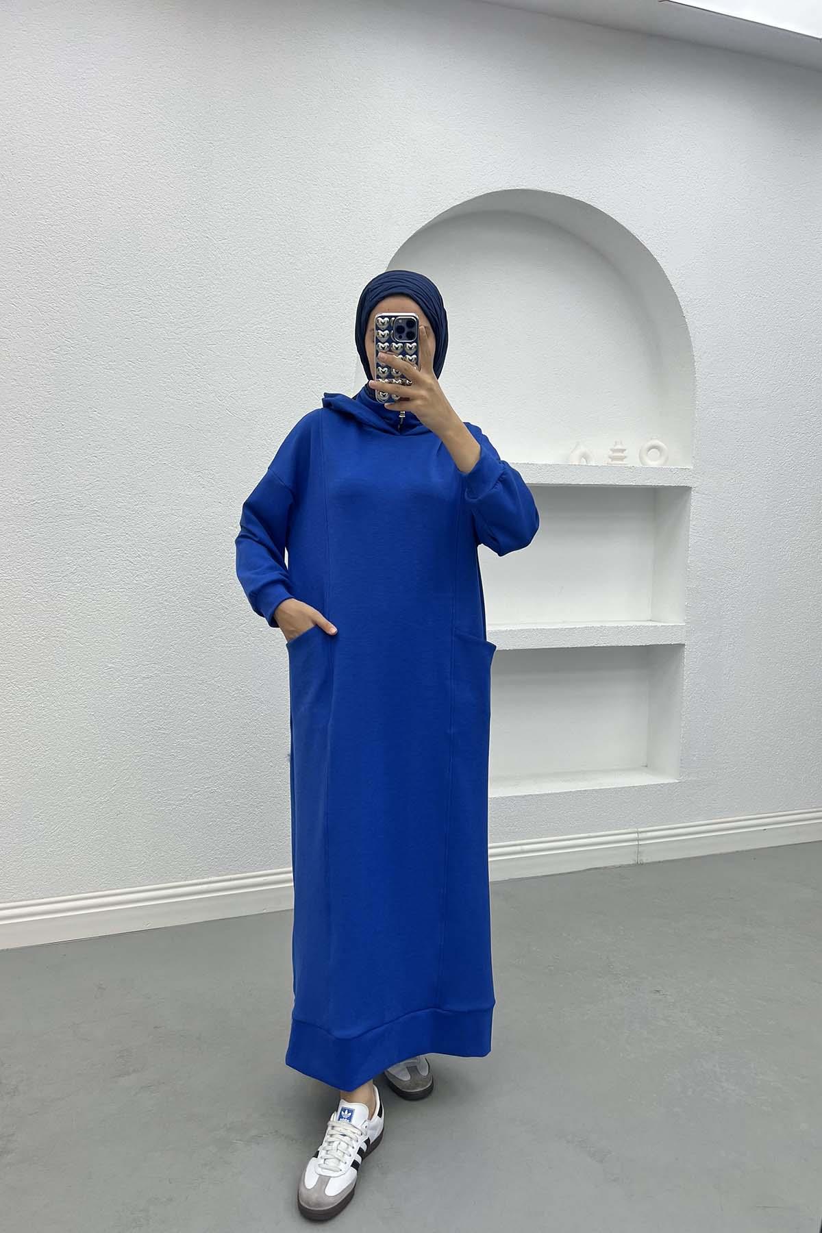 Kapüşonlu Sweat Elbise Saks Mavi