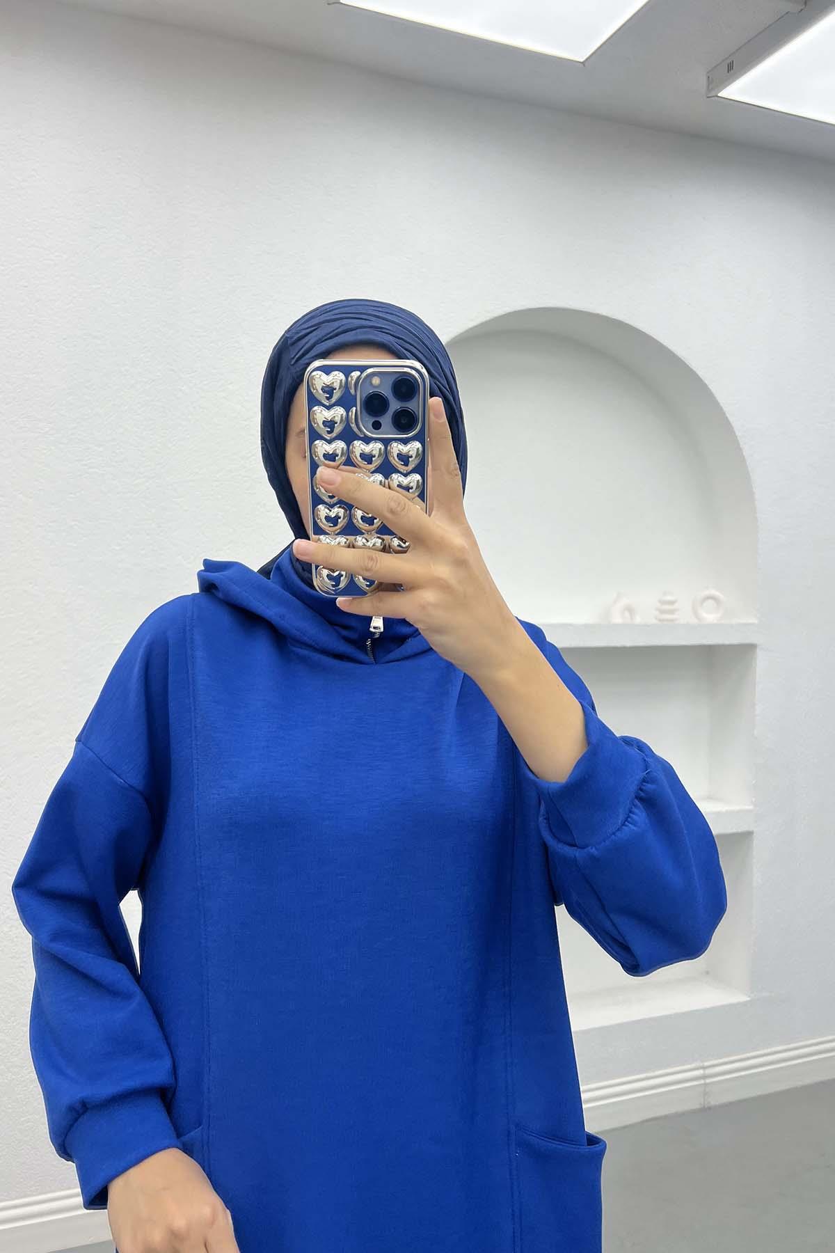 Kapüşonlu Sweat Elbise Saks Mavi