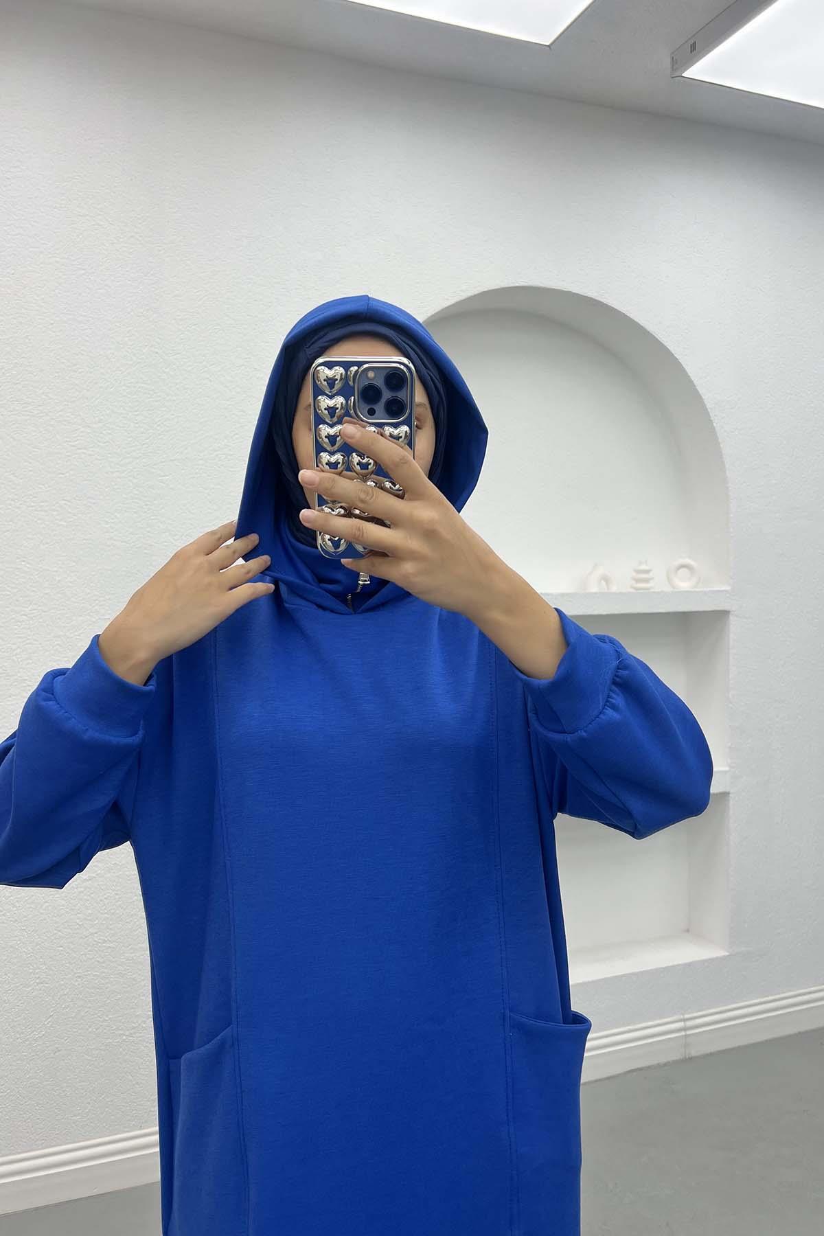 Kapüşonlu Sweat Elbise Saks Mavi