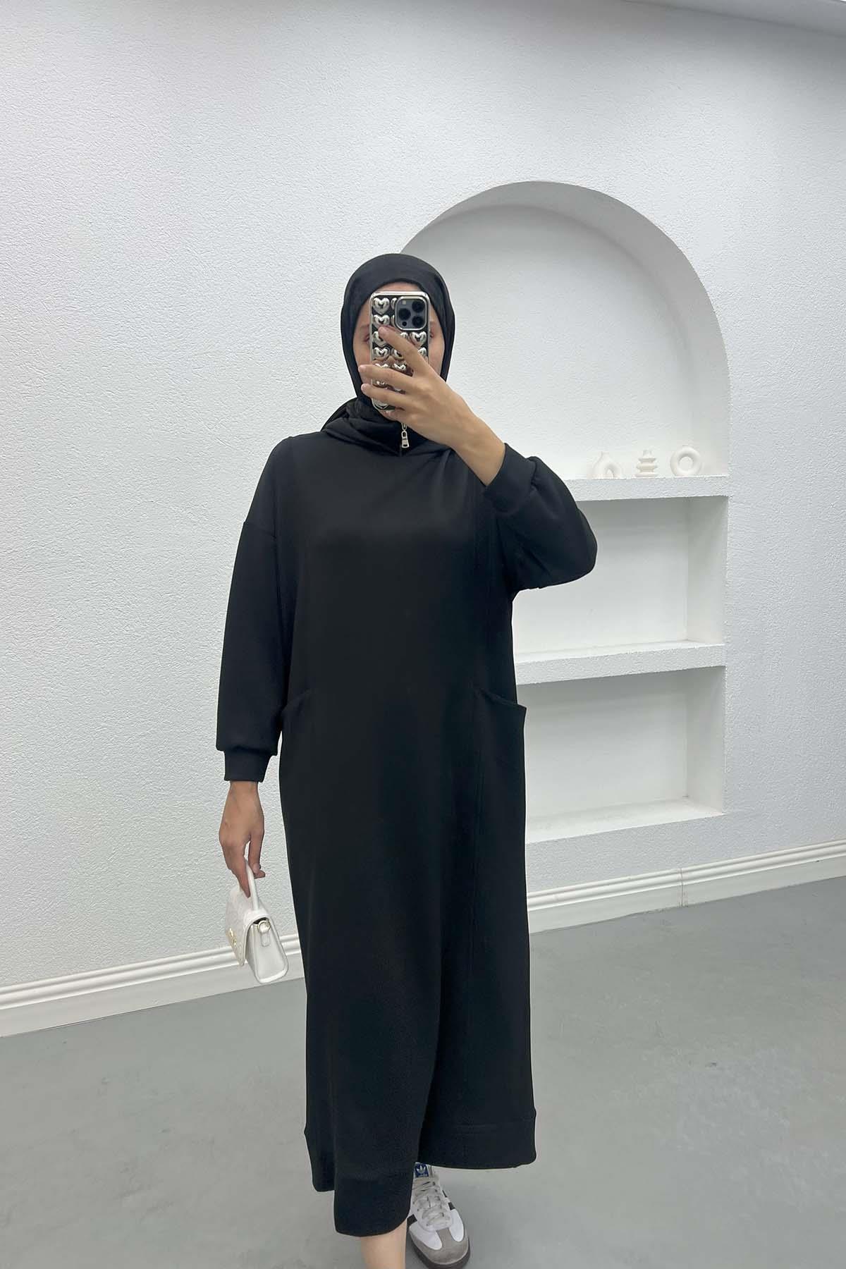 Kapüşonlu Sweat Elbise Siyah