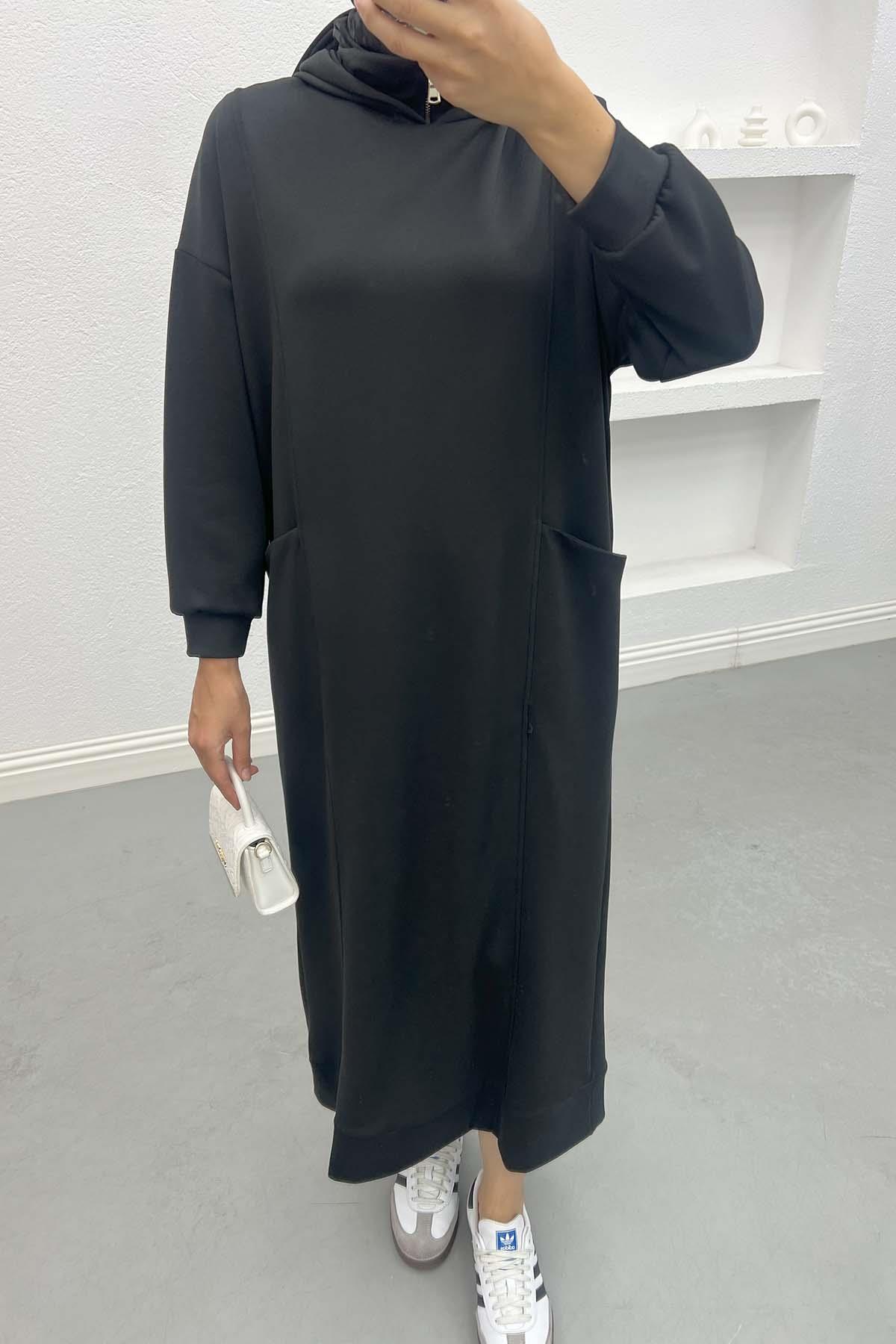 Kapüşonlu Sweat Elbise Siyah
