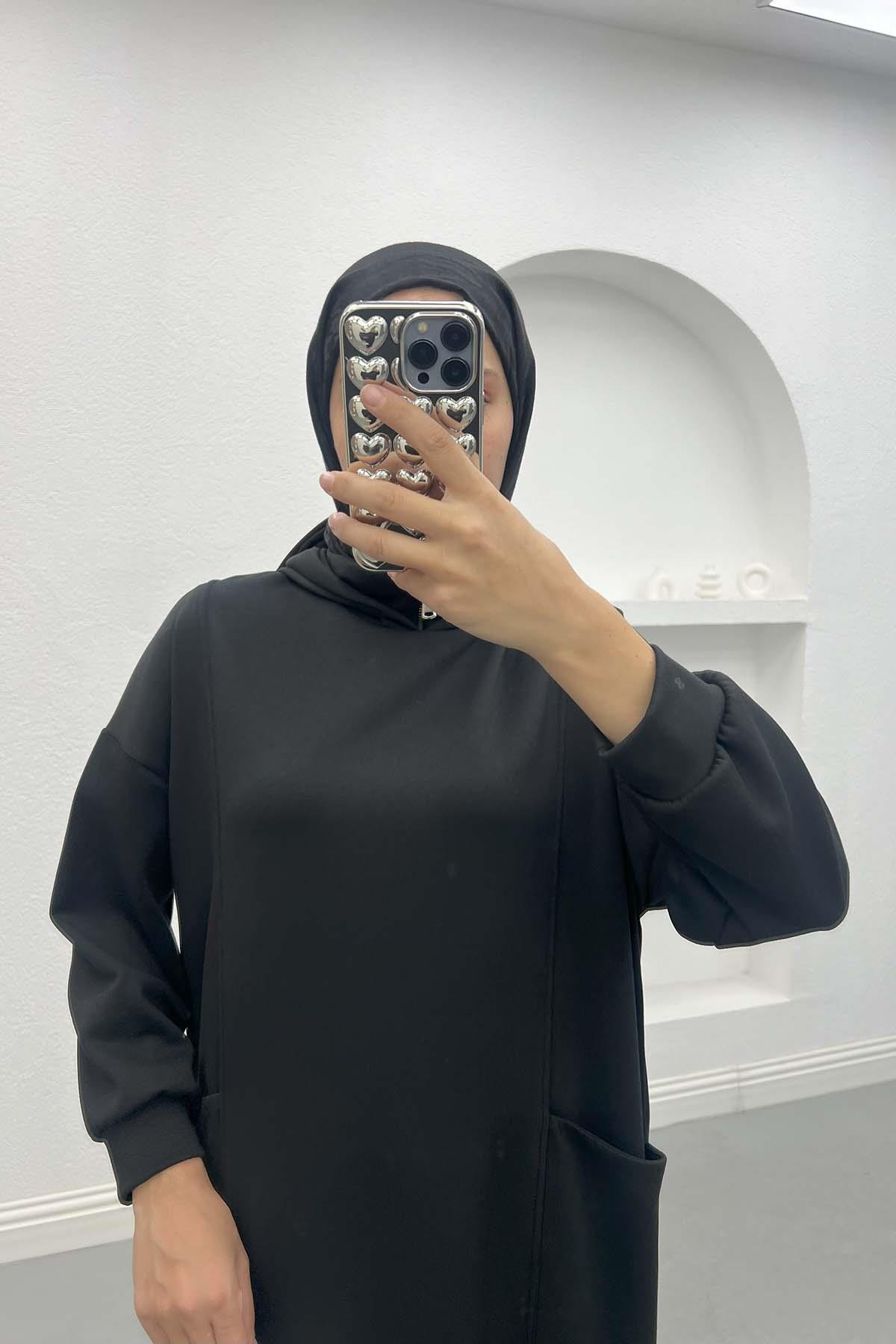 Kapüşonlu Sweat Elbise Siyah