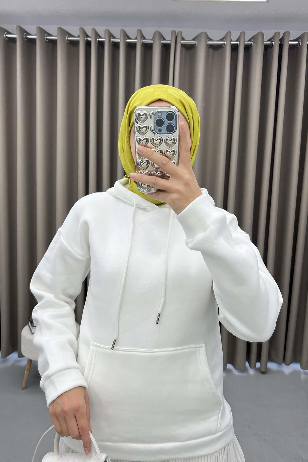 Kapüşonlu Sweatshirt Takım Beyaz