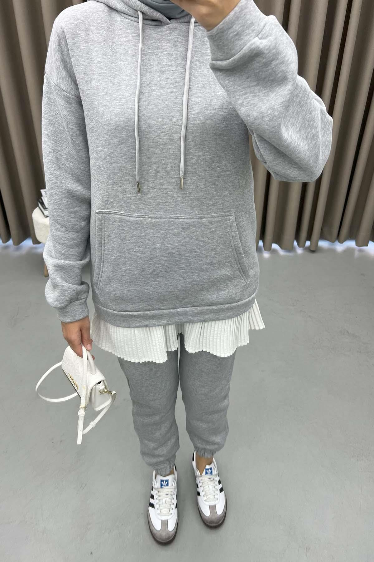 Kapüşonlu Sweatshirt Takım Gri