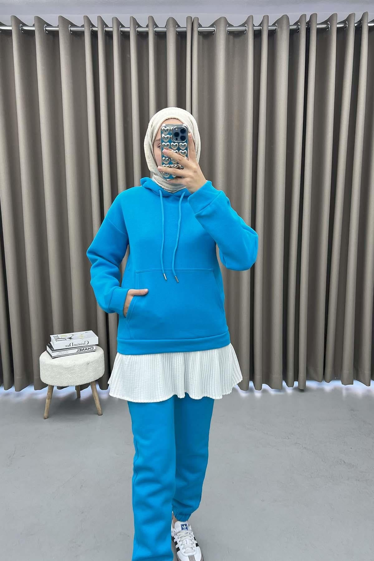 Kapüşonlu Sweatshirt Takım Mavi