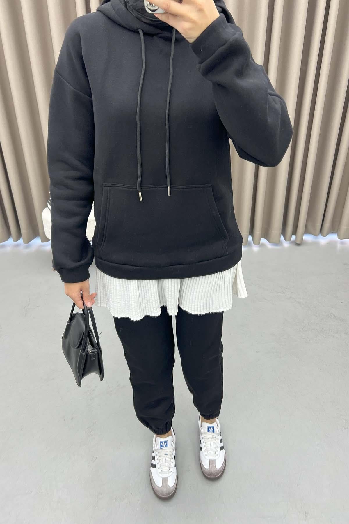 Kapüşonlu Sweatshirt Takım Siyah
