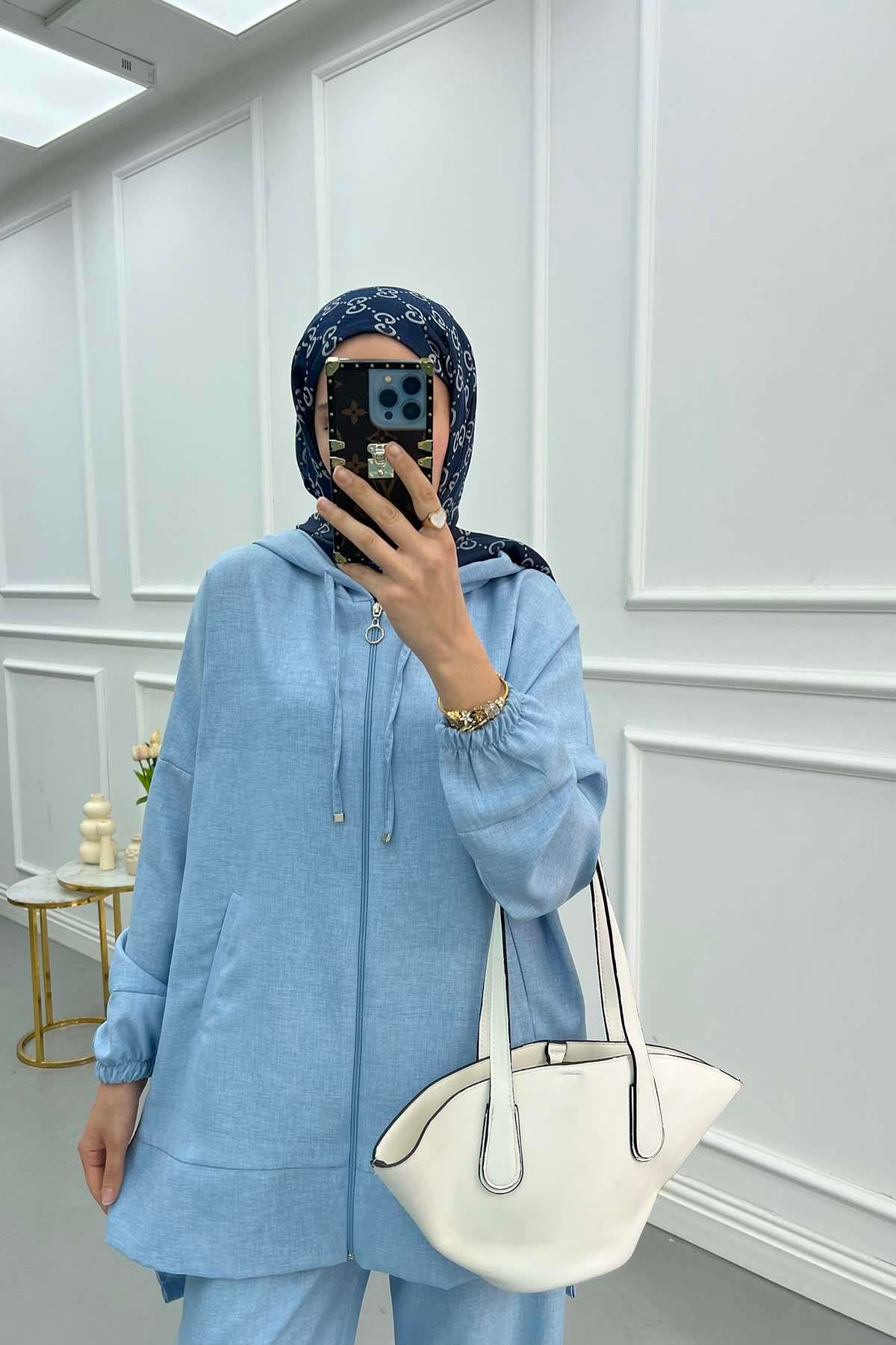 Kapüşonlu Tunik Takım Mavi