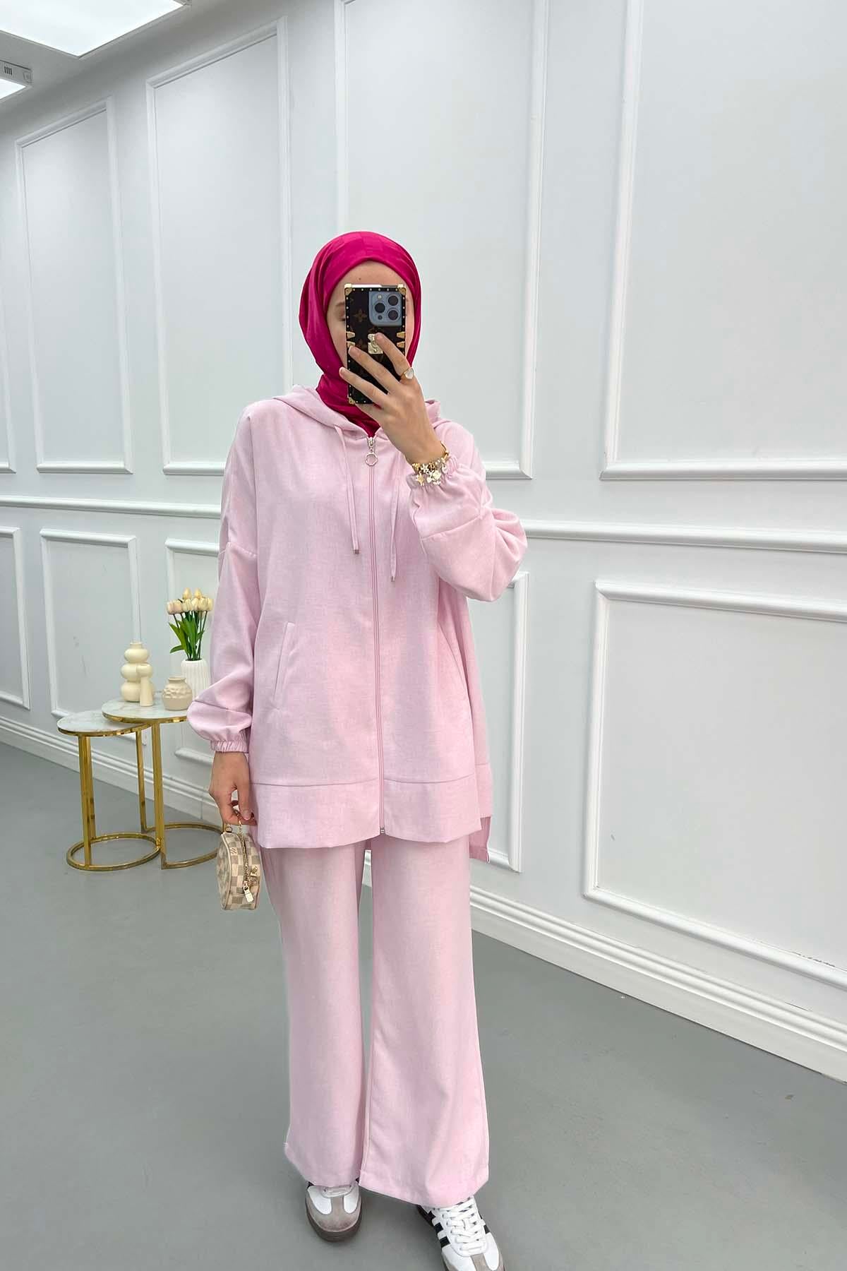 Kapüşonlu Tunik Takım Pembe
