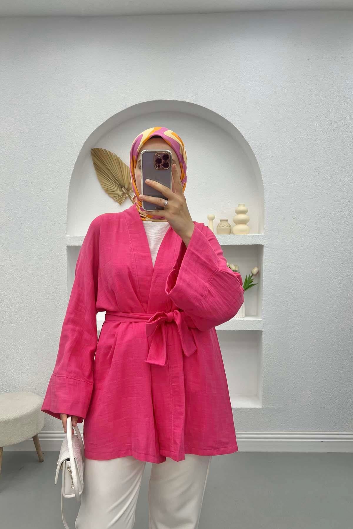 Kare Desenli Kimono Fuşya