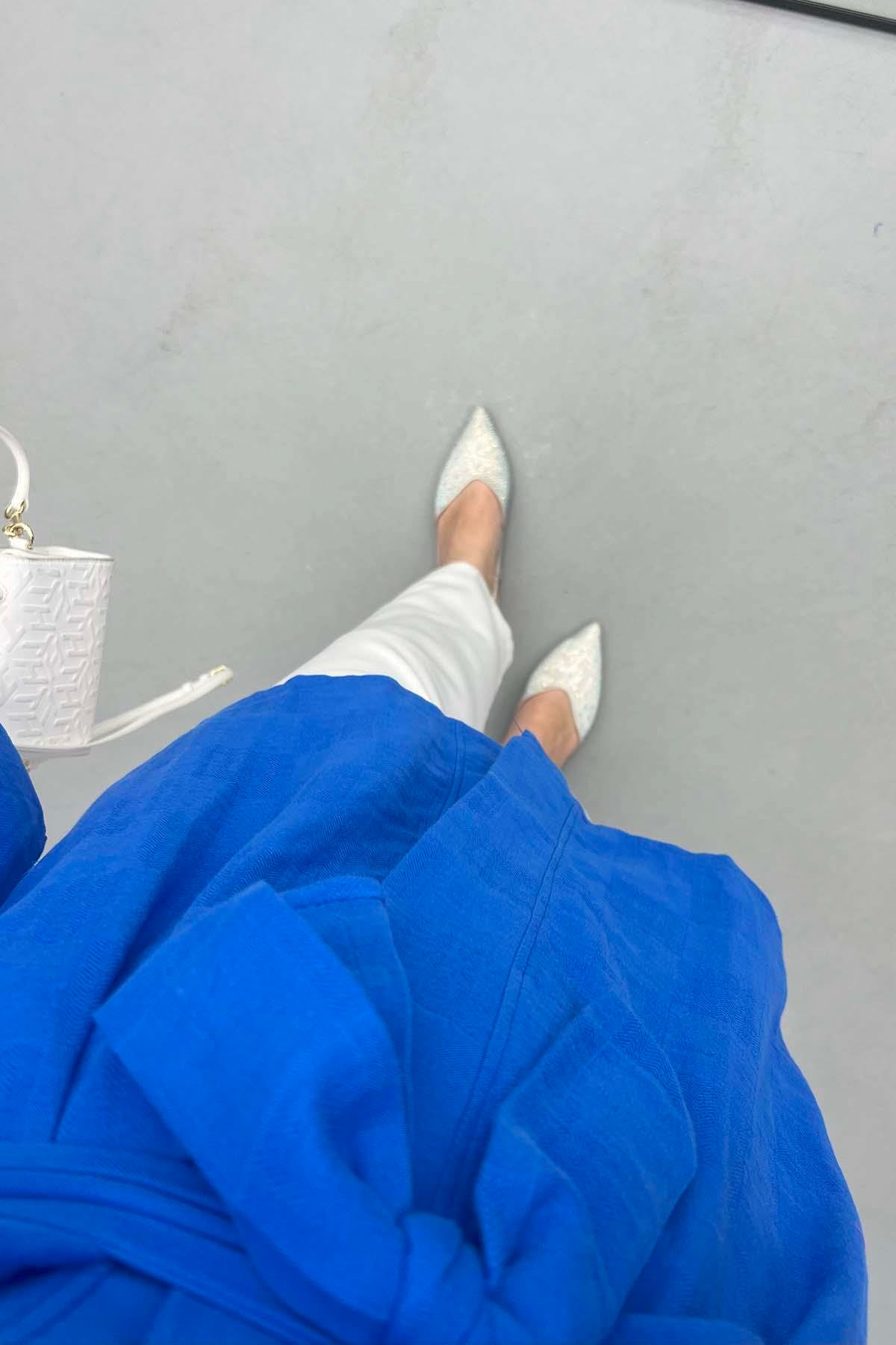 Kare Desenli Kimono Saks Mavi