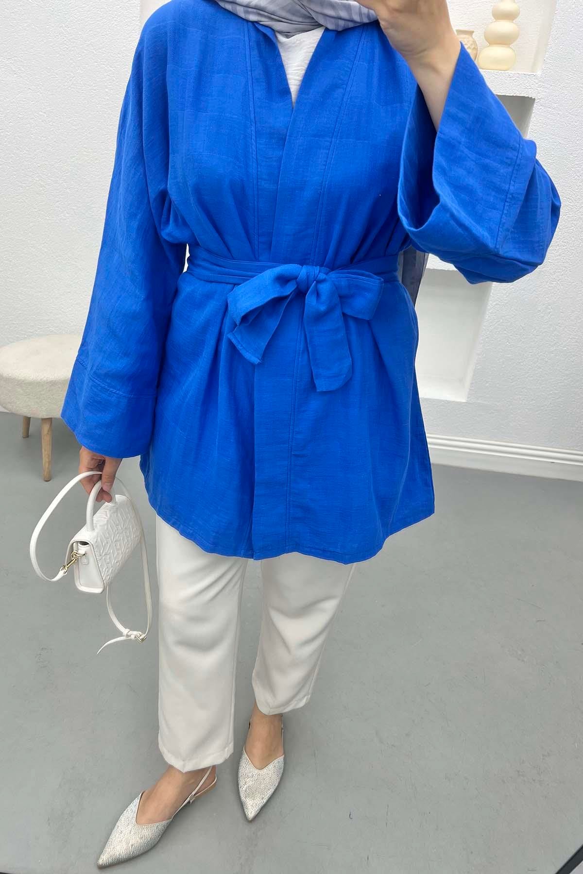 Kare Desenli Kimono Saks Mavi