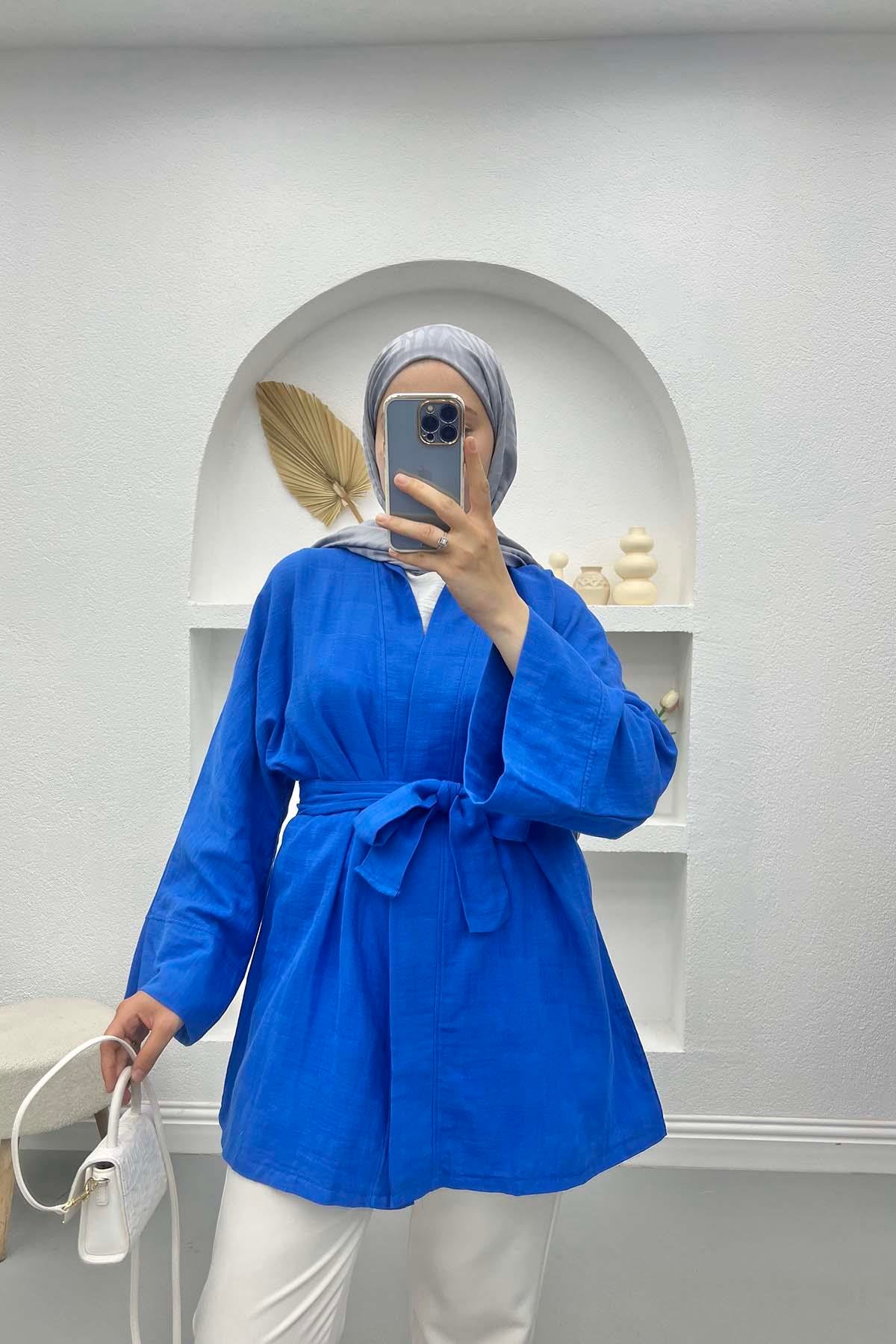 Kare Desenli Kimono Saks Mavi