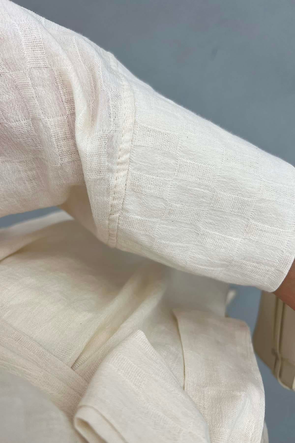 Kare Desenli Kuşaklı Kimono Bej