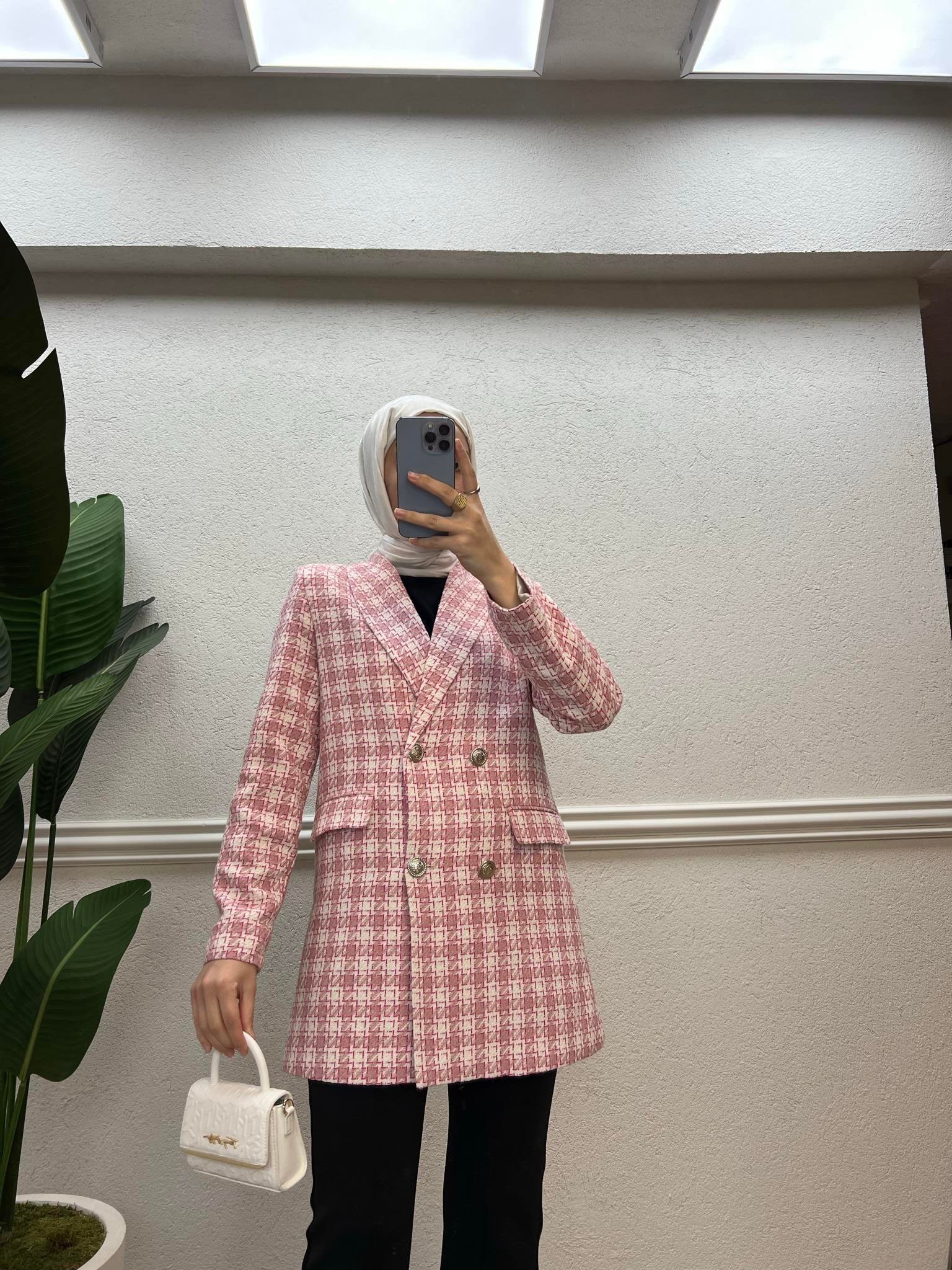 Kare Desenli Tüvit Ceket Pembe-Beyaz