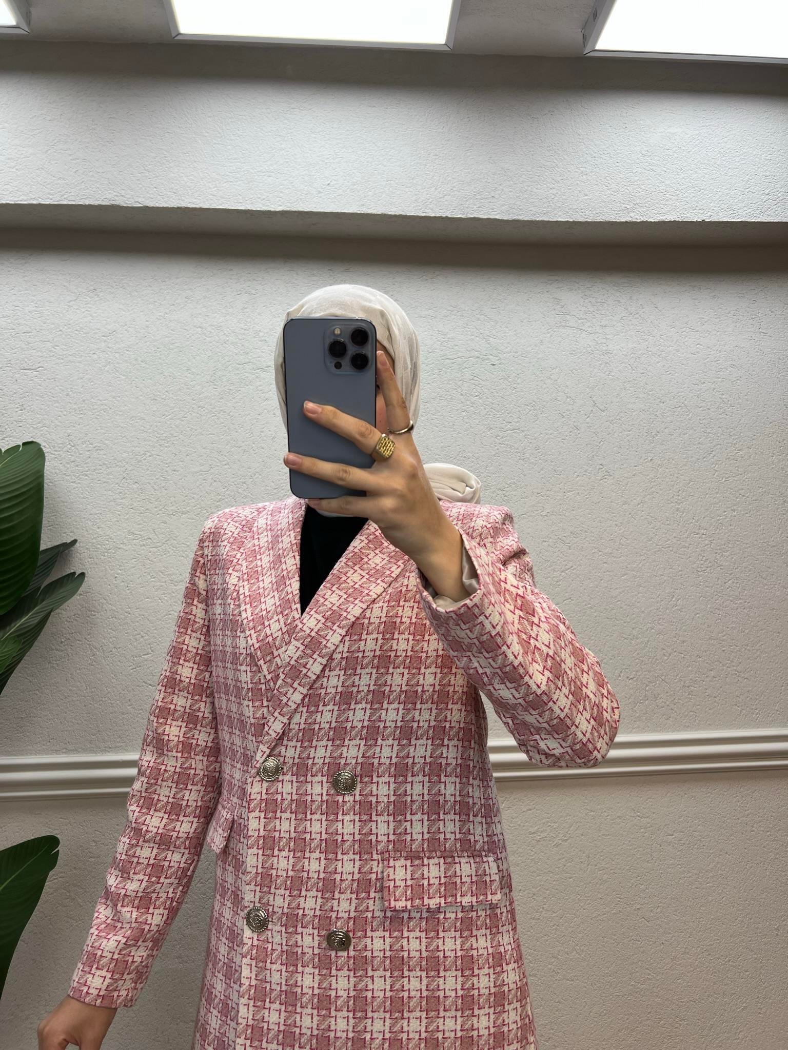 Kare Desenli Tüvit Ceket Pembe-Beyaz