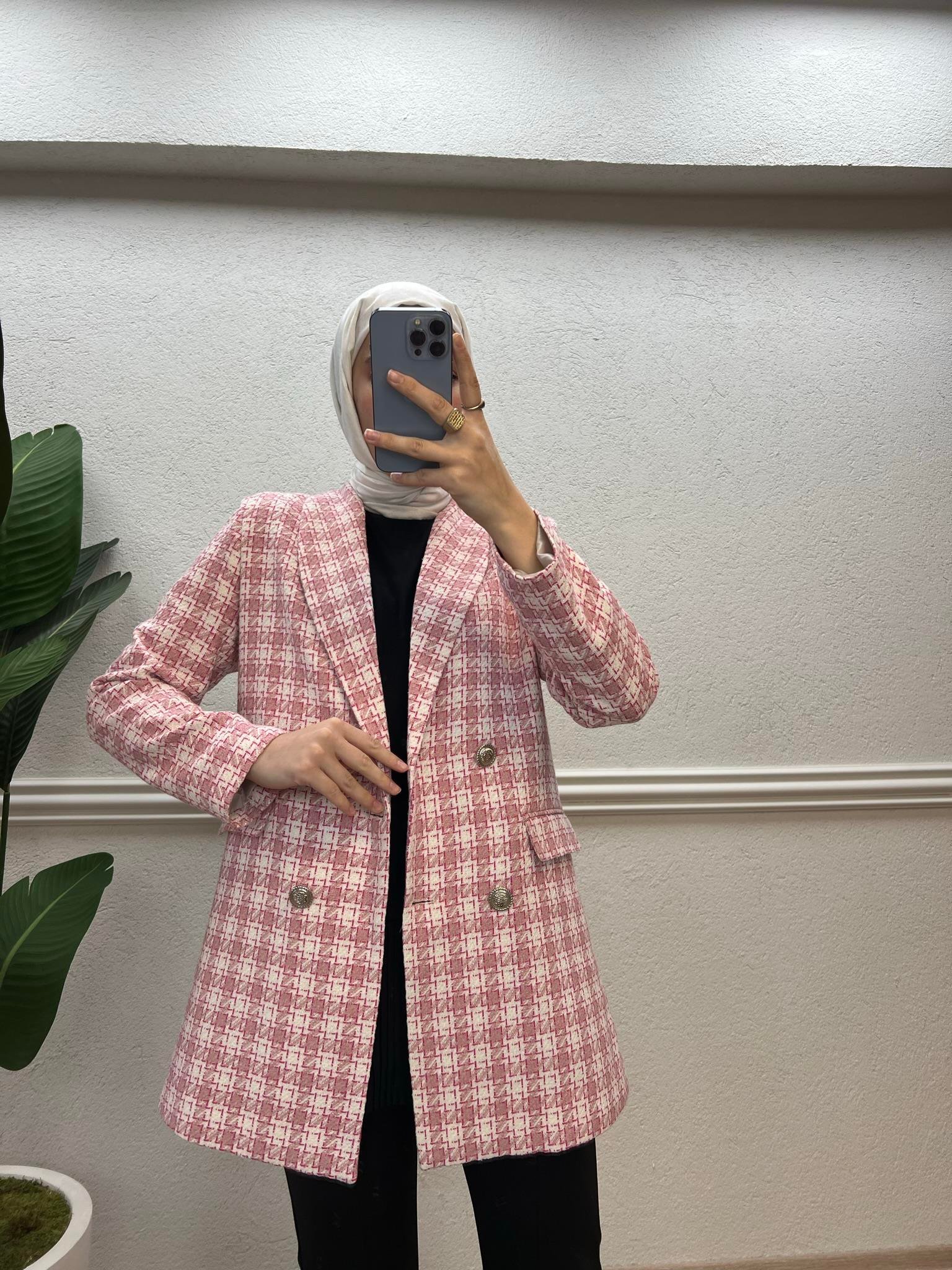Kare Desenli Tüvit Ceket Pembe-Beyaz