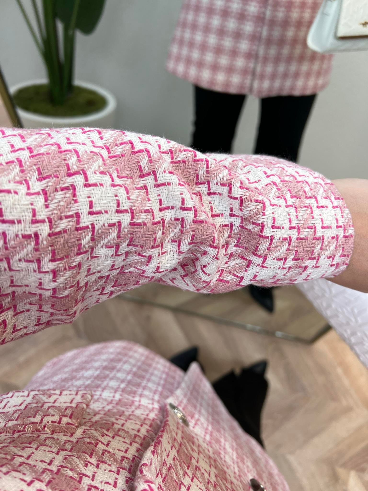 Kare Desenli Tüvit Ceket Pembe-Beyaz