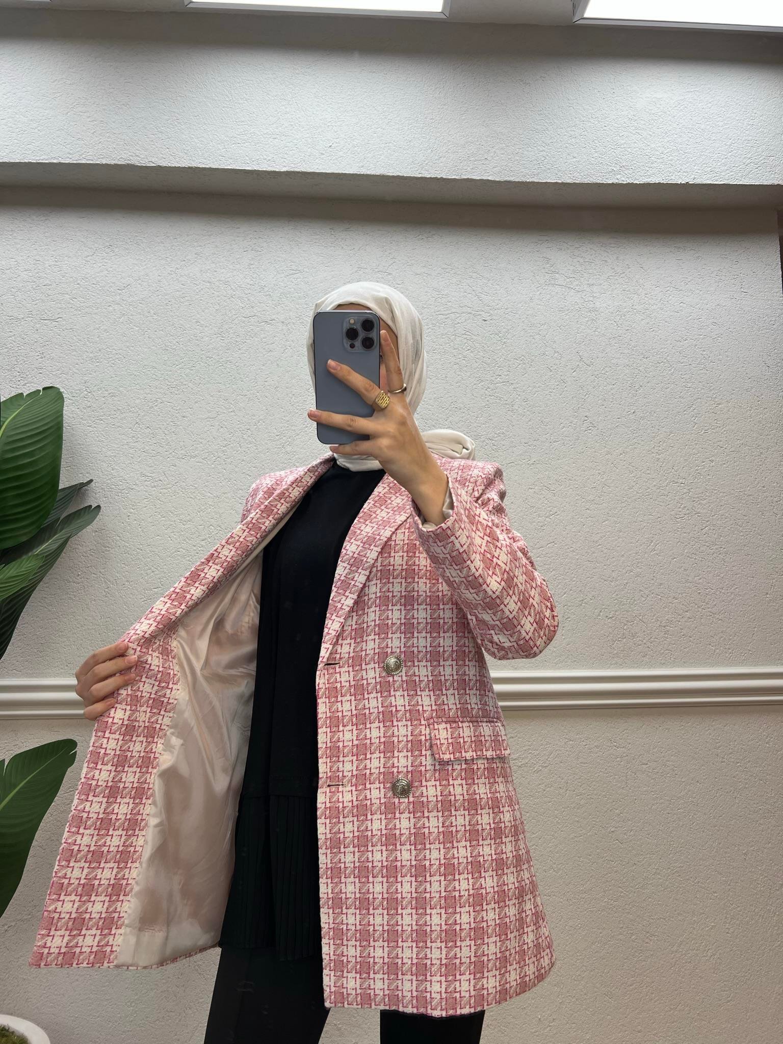 Kare Desenli Tüvit Ceket Pembe-Beyaz