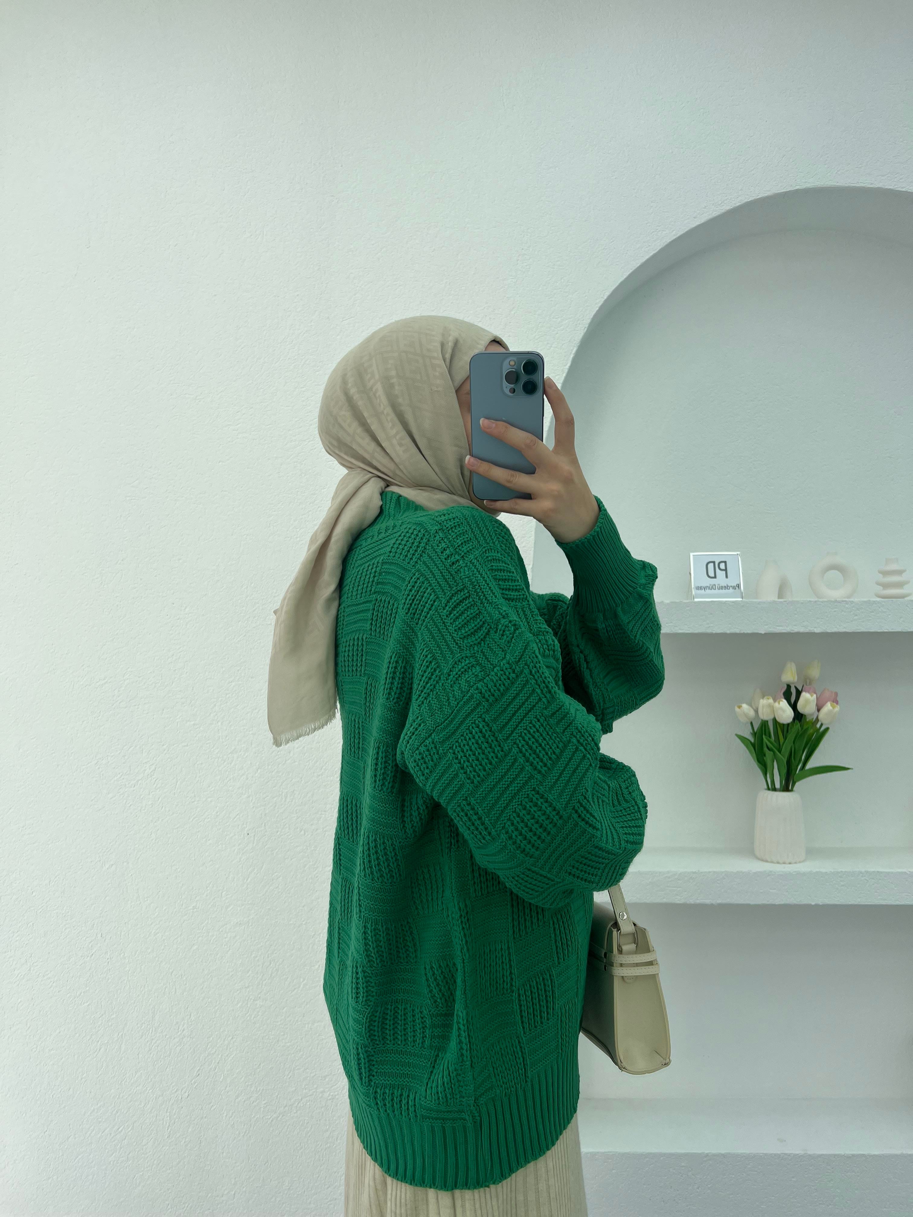 Kare Örgülü Triko Hırka Yeşil
