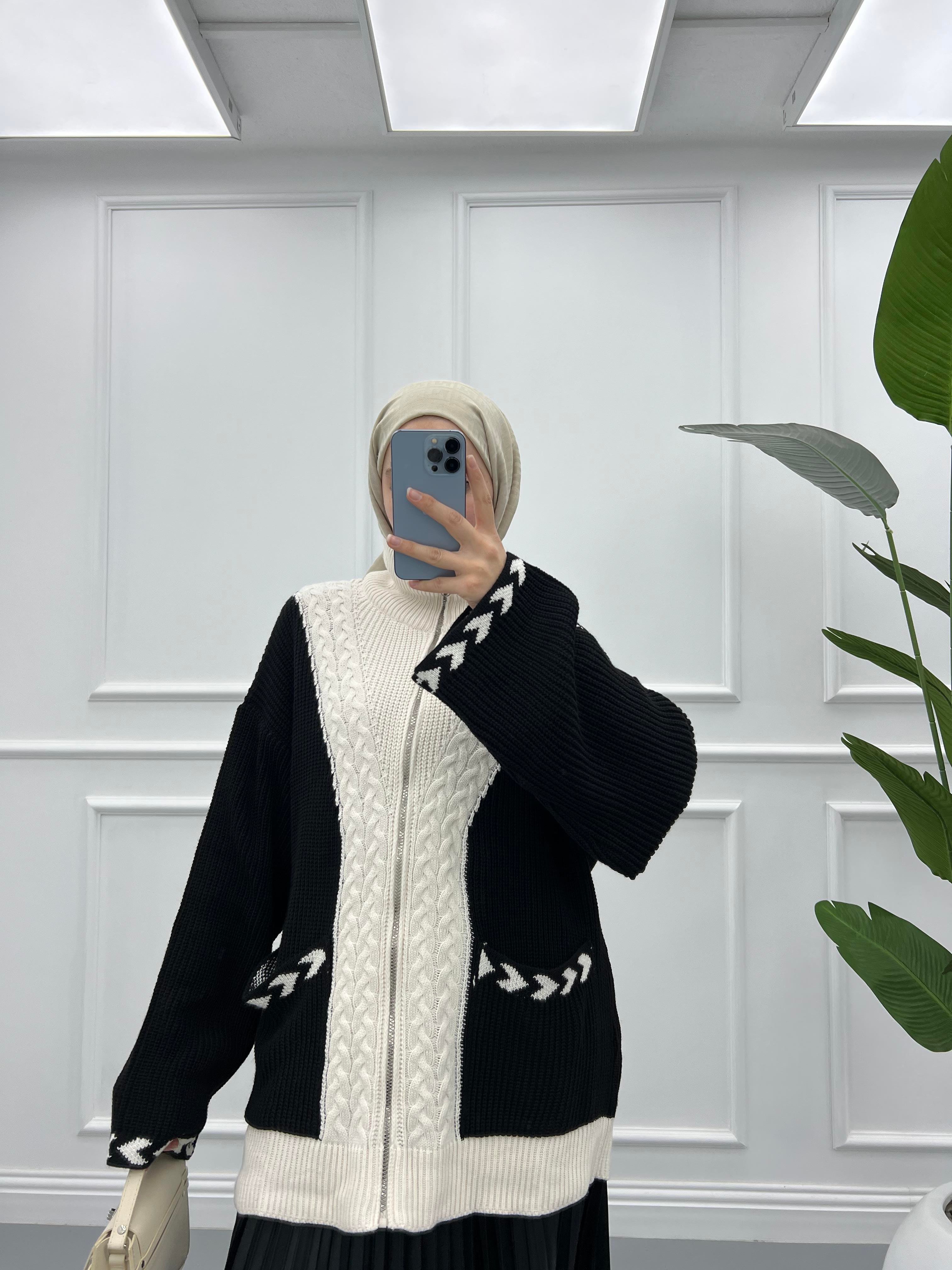 Karışık Örgülü Triko Hırka Siyah