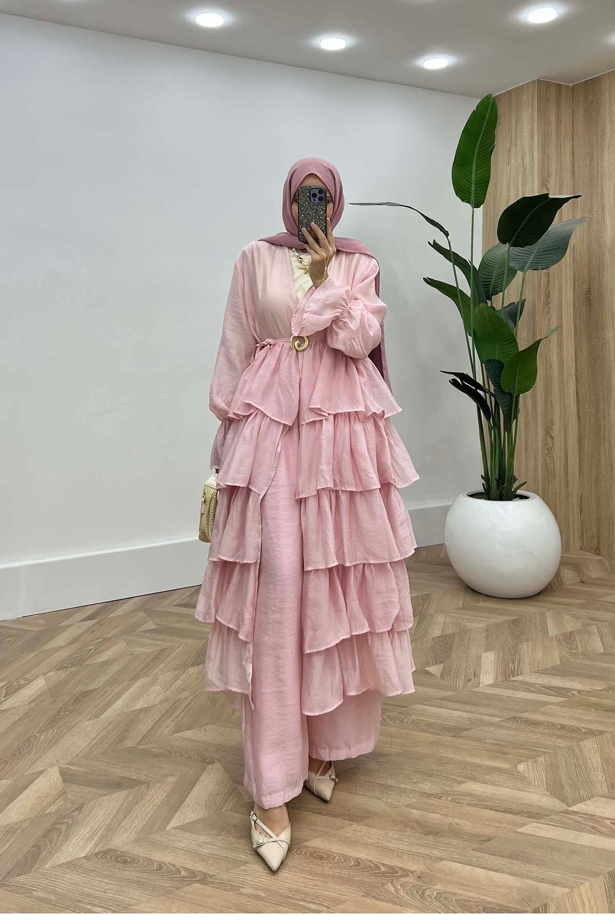 Kat Kat Fırfırlı Gold Maksi İkili Takım Pembe