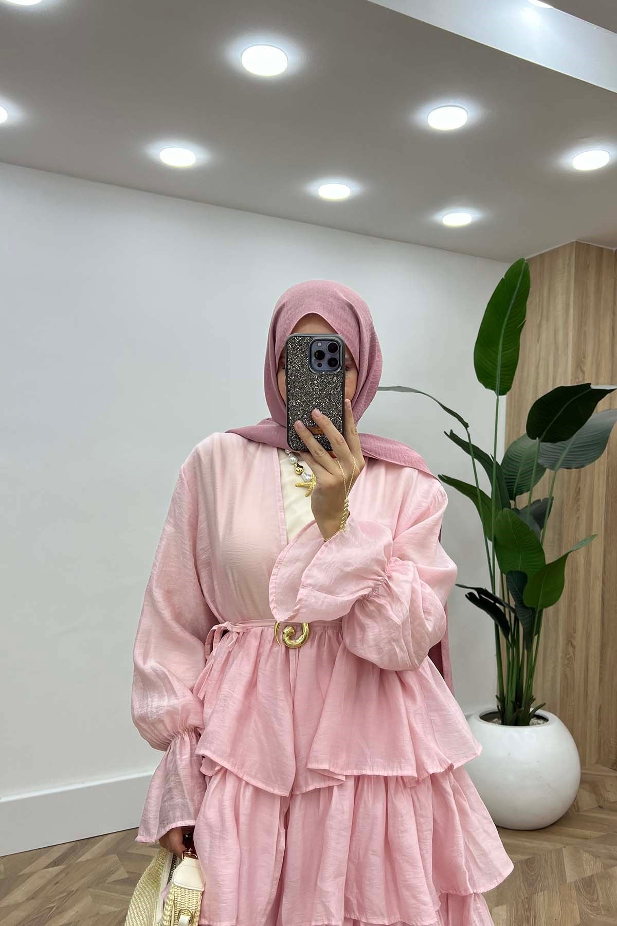 Kat Kat Fırfırlı Gold Maksi İkili Takım Pembe