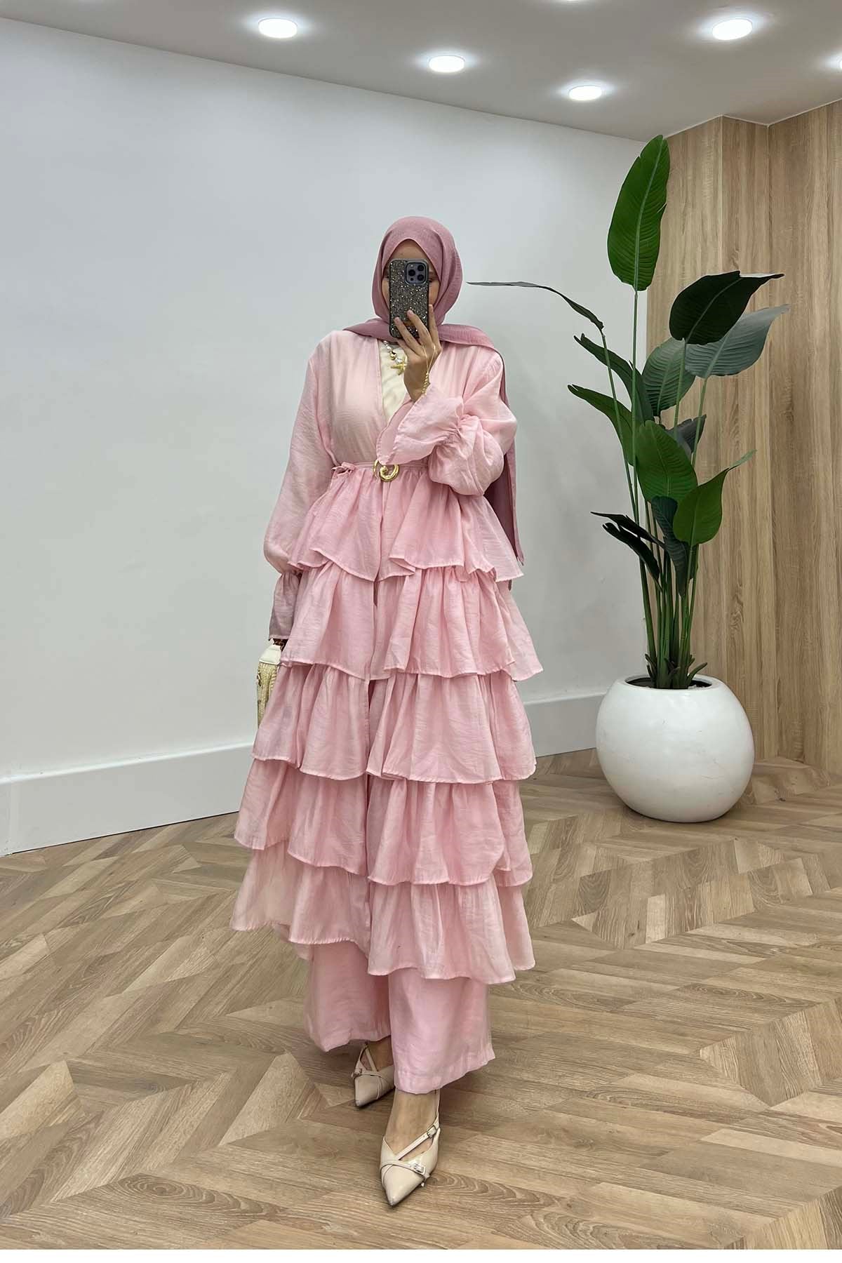 Kat Kat Fırfırlı Gold Maksi İkili Takım Pembe