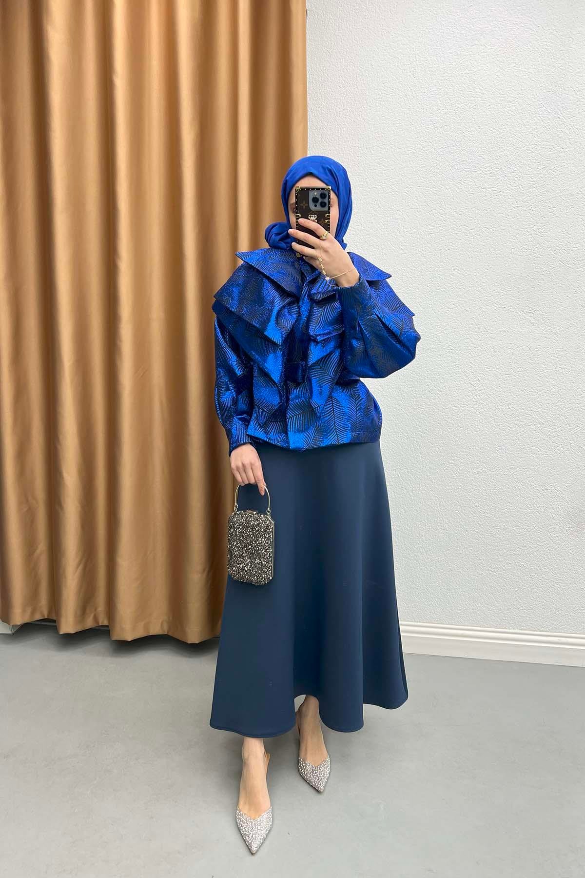 Katlı Jakarlı Ceket Saks Mavi
