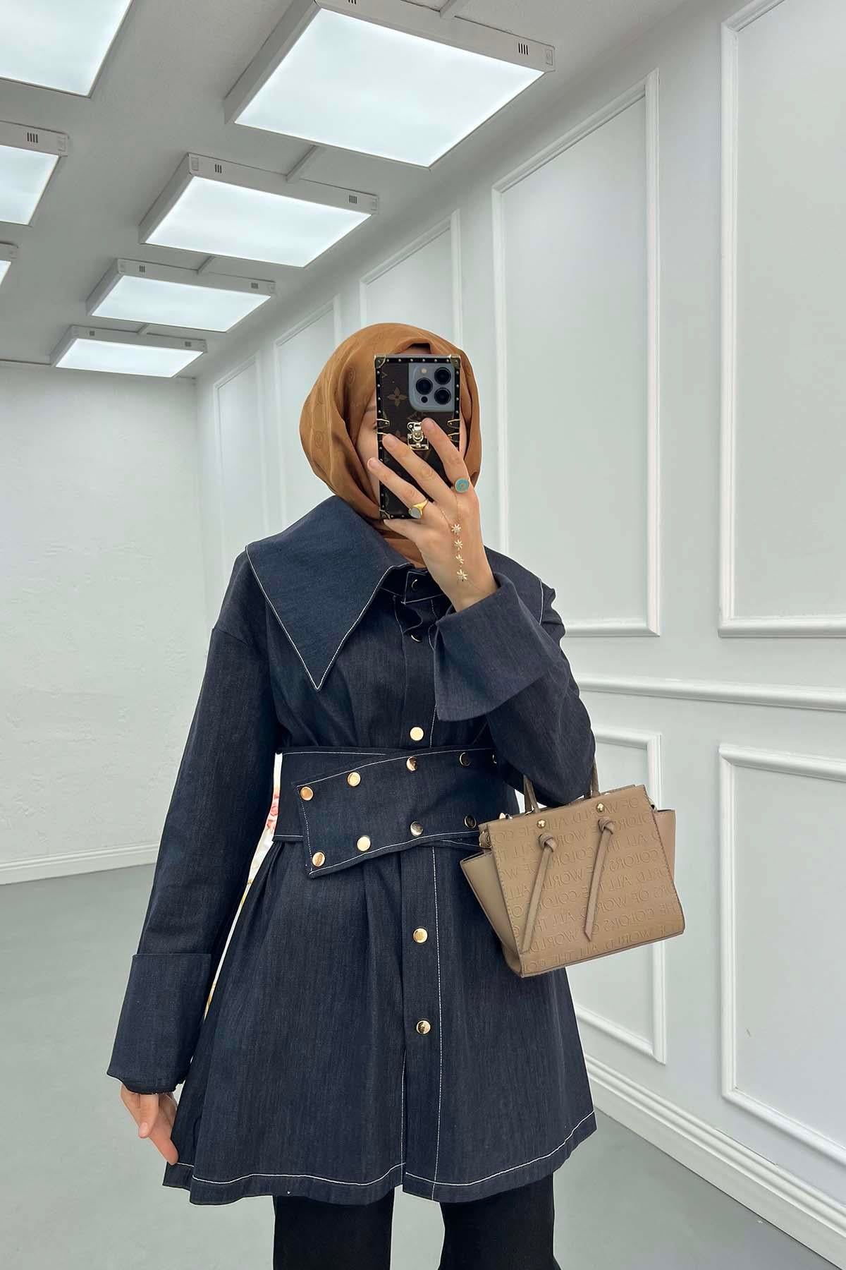 Kemer Detay Denim Ceket Koyu Lacivert