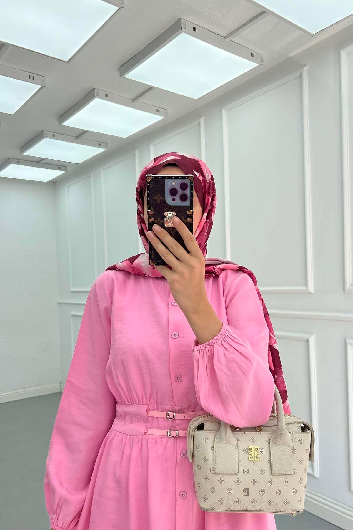 Kemer Detaylı Gömlek Elbise Pembe
