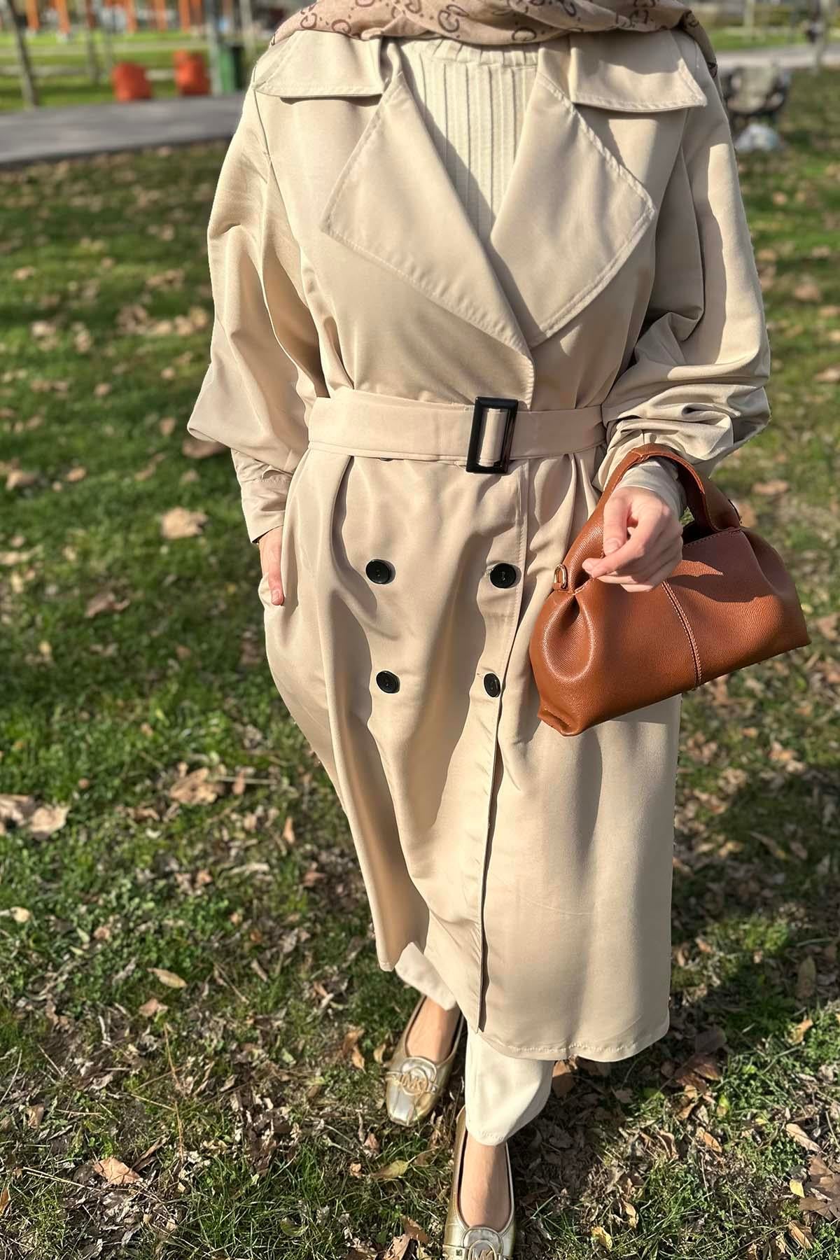Kemerli Astarlı Trençkot Bej